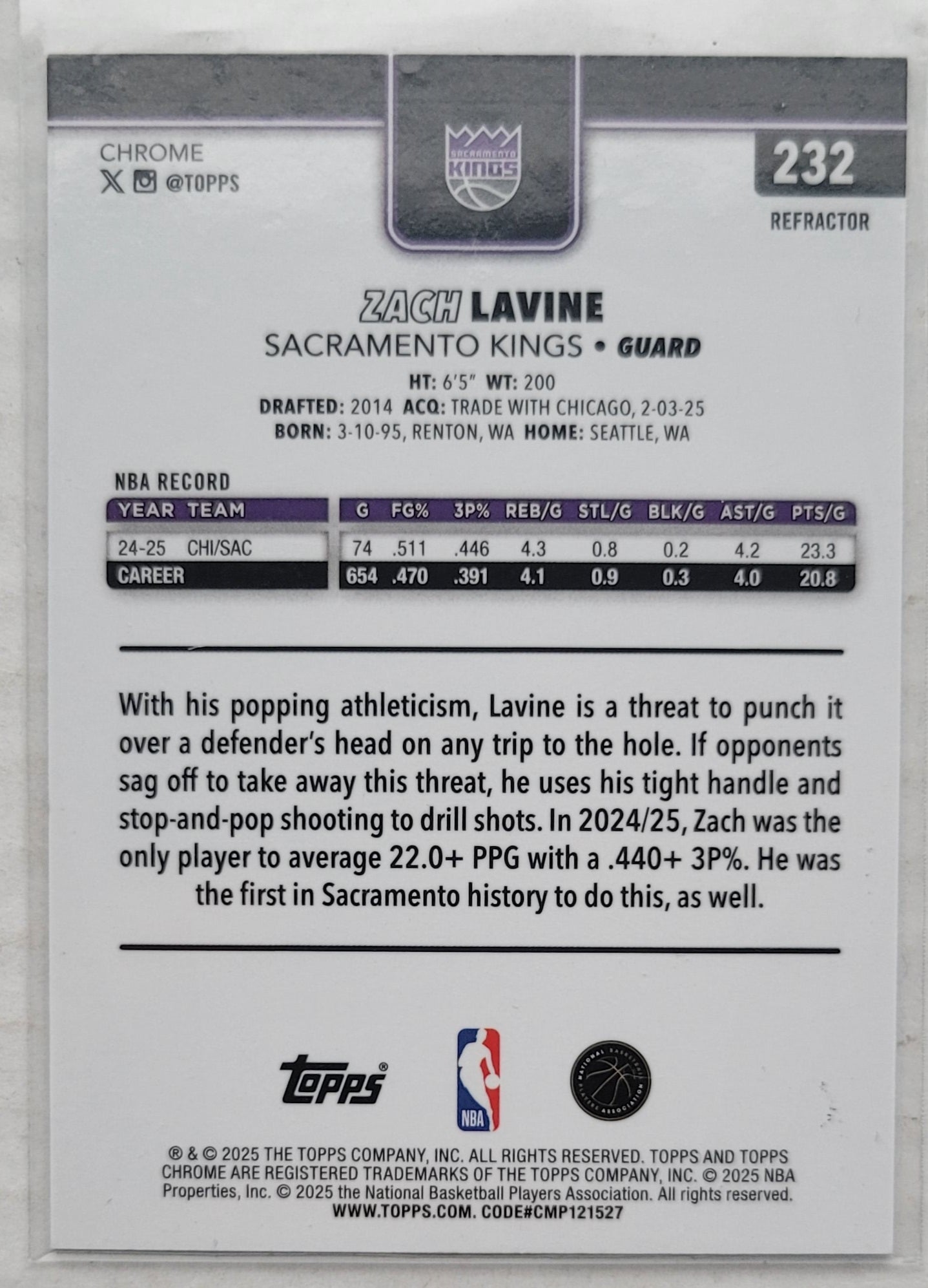 Zach LaVine - 2025-26 Topps Chrome Refractors #232