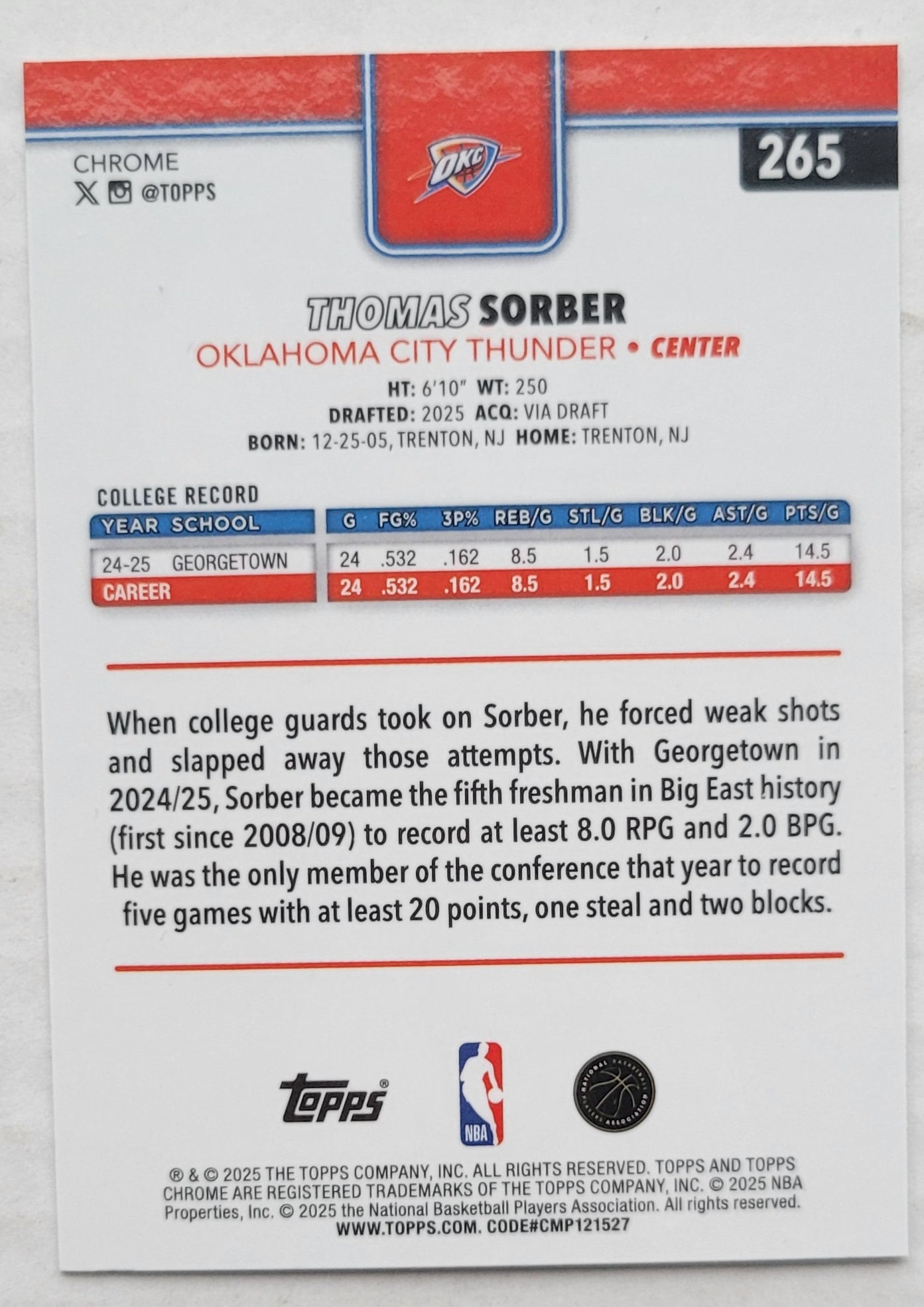 Thomas Sorber - 2025-26 Topps Chrome X-Fractors #265 RC