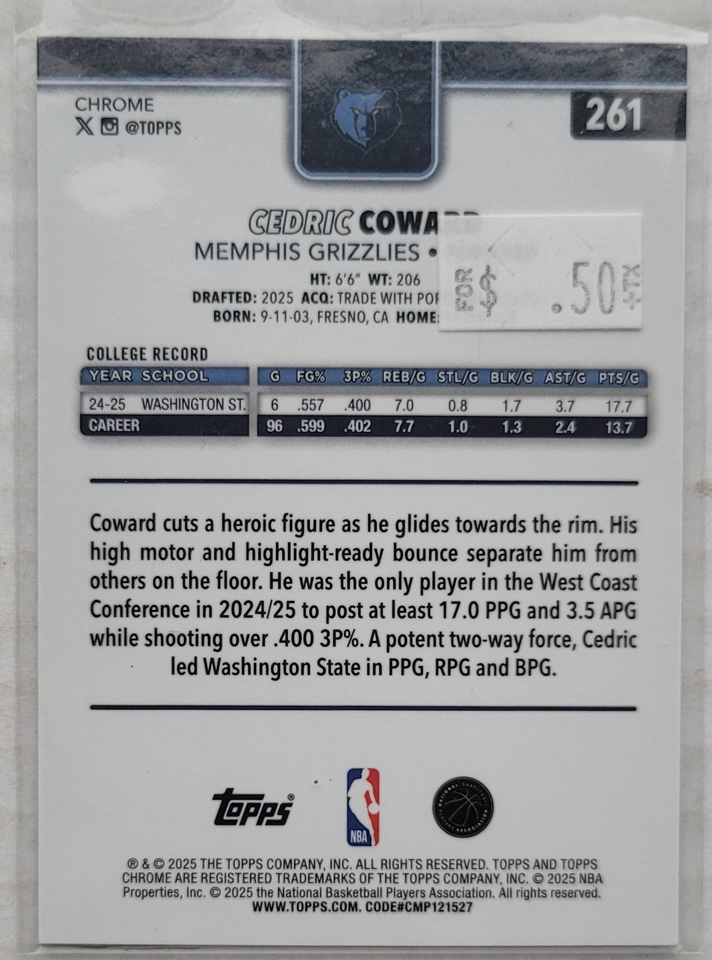 Cedric Coward - 2025-26 Topps Chrome #261 RC
