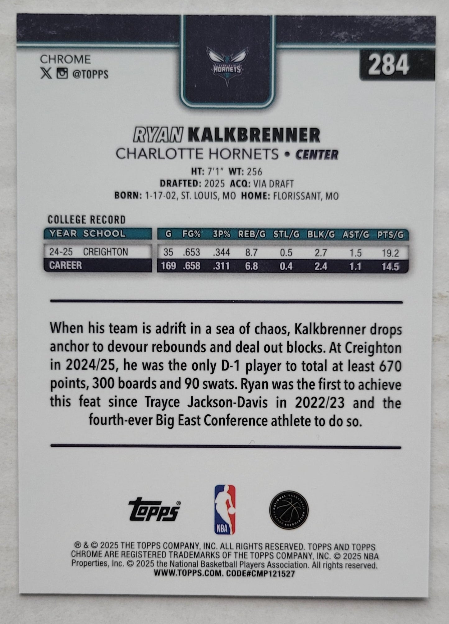 Ryan Kalkbrenner - 2025-26 Topps Chrome #284 RC