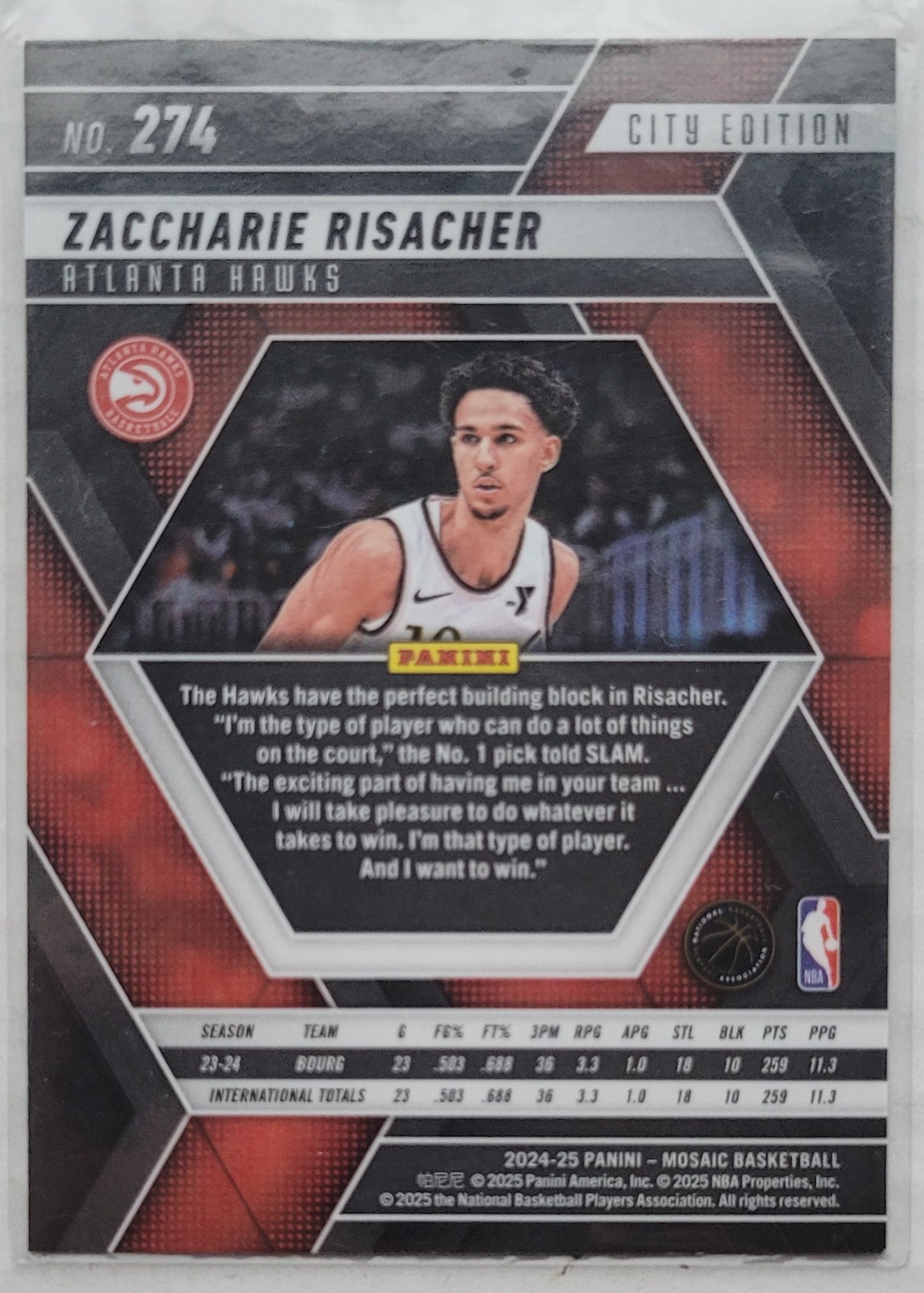 Zaccharie Risacher - 2024-25 Panini Mosaic #274 City Edition RC