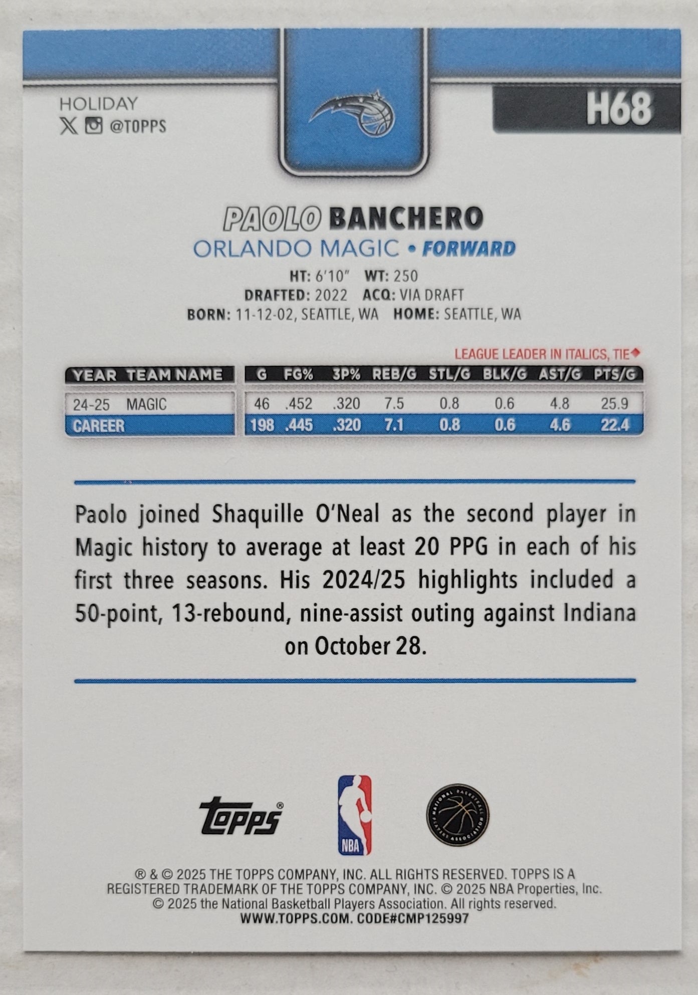 Paolo Banchero - 2025-26 Topps Holiday #H68