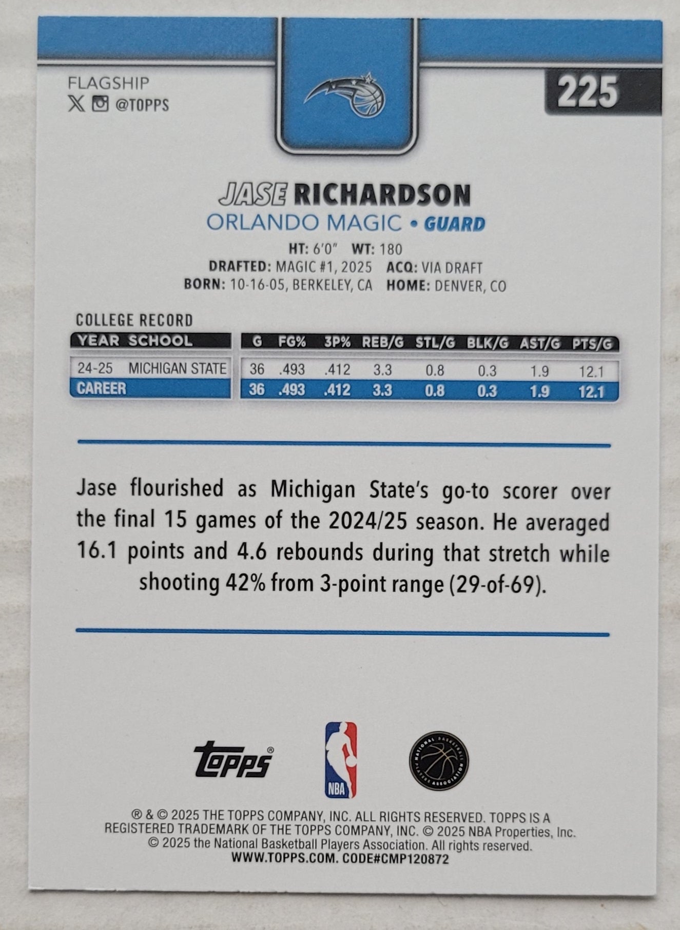 Jase Richardson - 2025-26 Topps Season Tip Off #225 RC