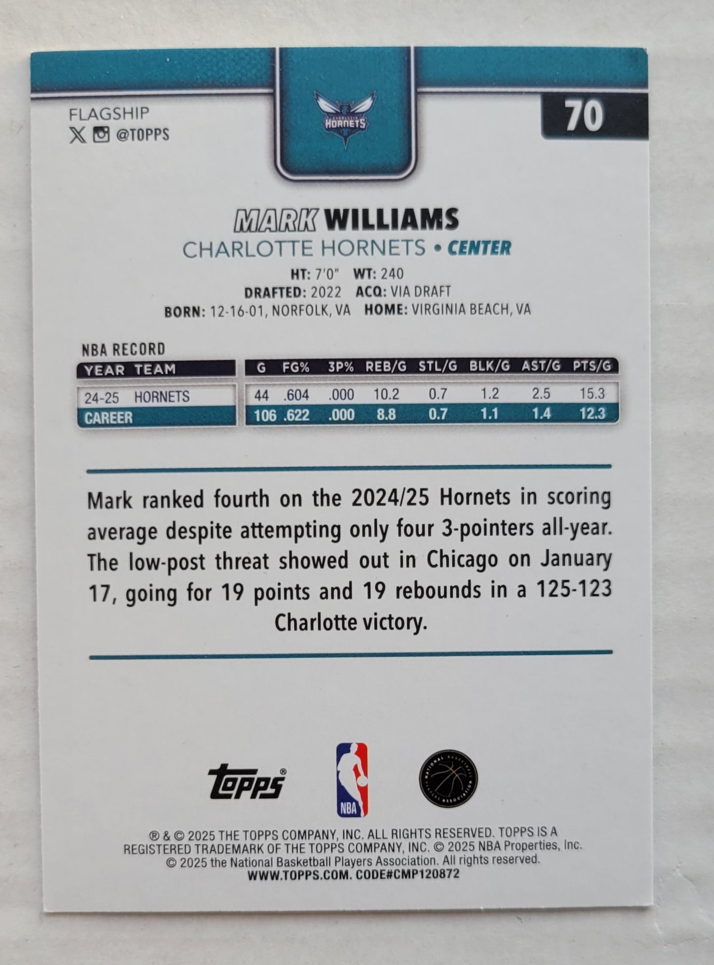 Mark Williams - 2025-26 Topps Rainbow Foilboard #70