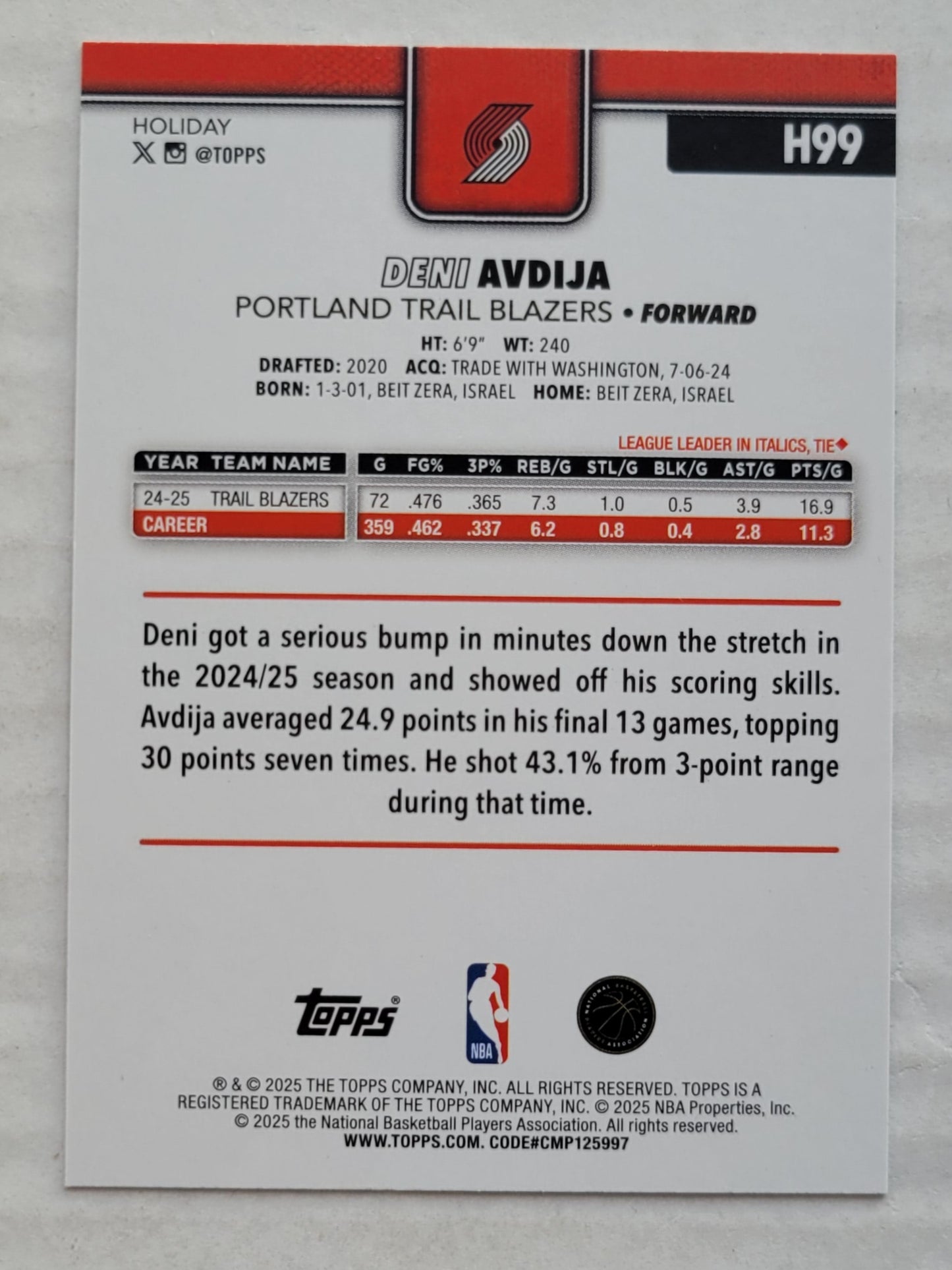 Deni Avdija - 2025-26 Topps Holiday Plaid #H99