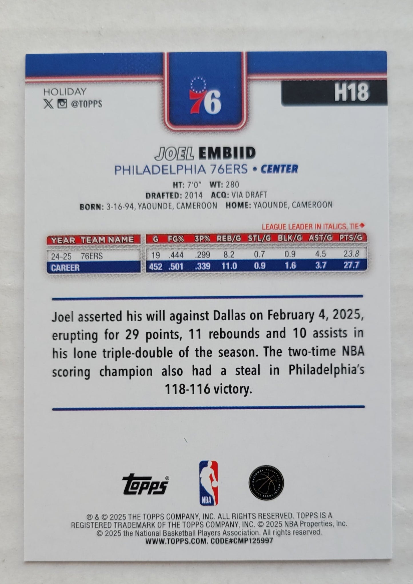 Joel Embiid - 2025-26 Topps Holiday #H18