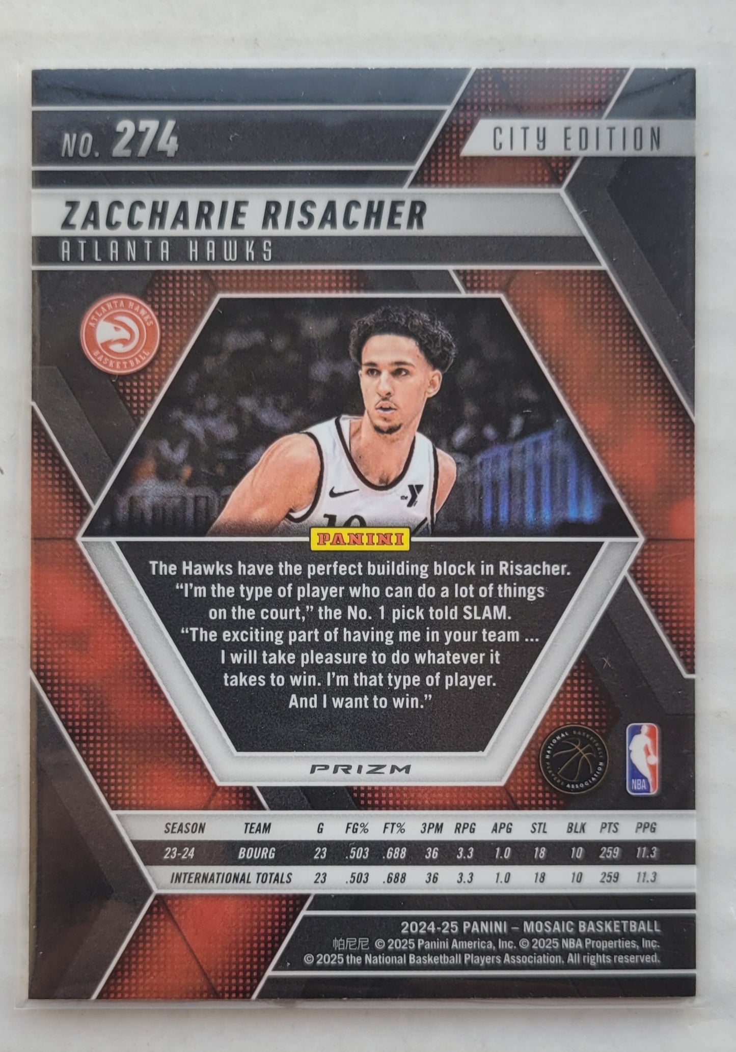 Zaccharie Risacher - 2024-25 Panini Mosaic Mosaic #274 City Edition RC