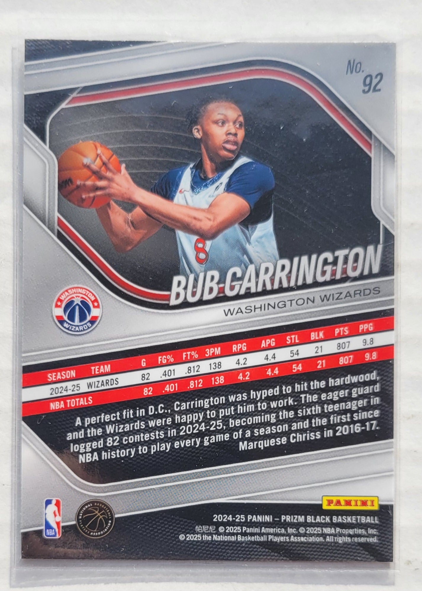 Bub Carrington - 2024-25 Panini Prizm Black #92 RC