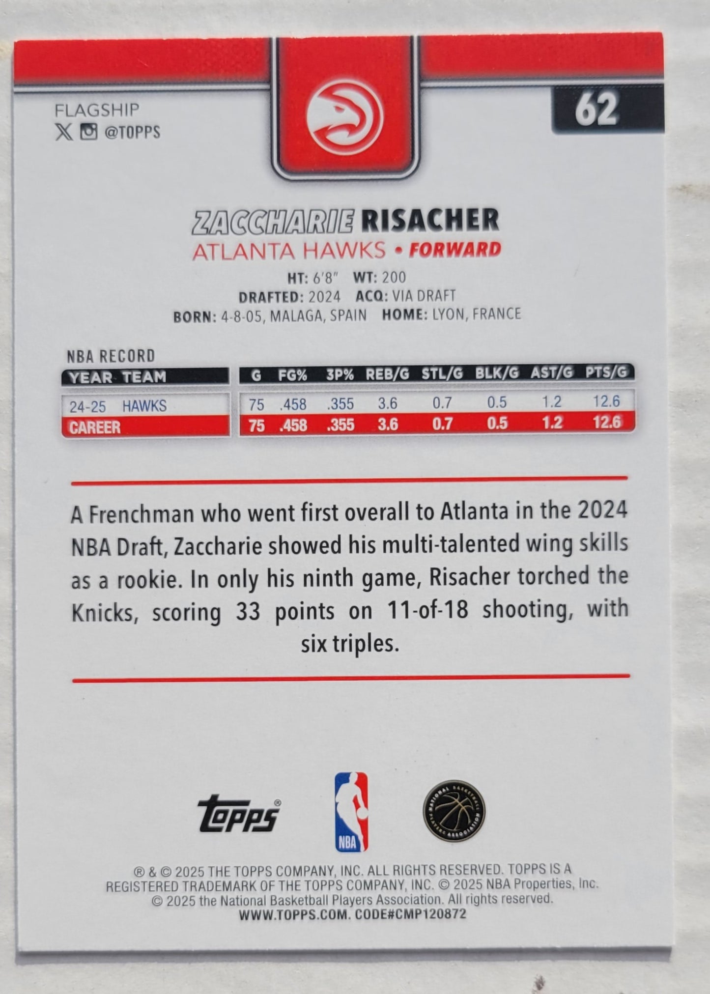 Zaccharie Risacher - 2025-26 Topps #62