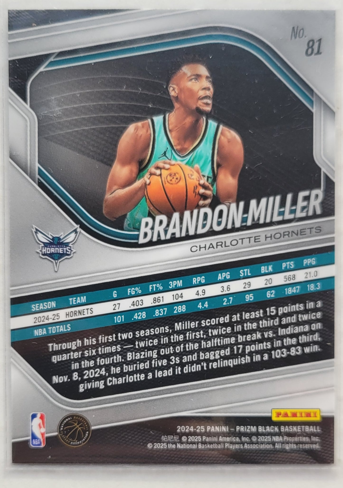 Brandon Miller - 2024-25 Panini Prizm Black #81