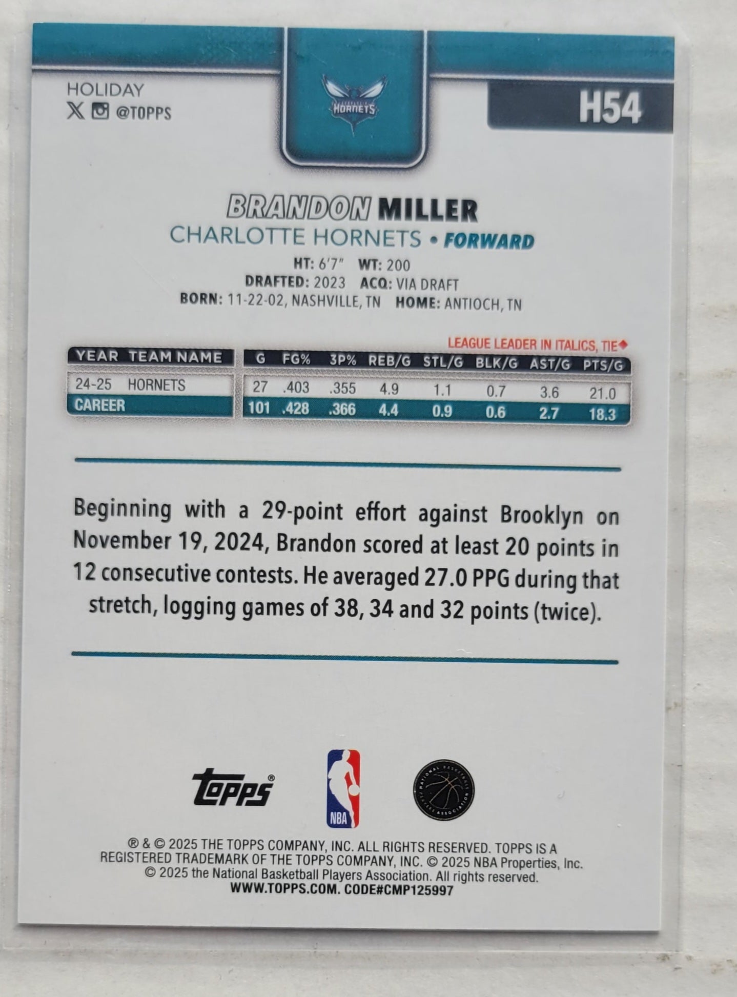 Brandon Miller - 2025-26 Topps Holiday Plaid #H54