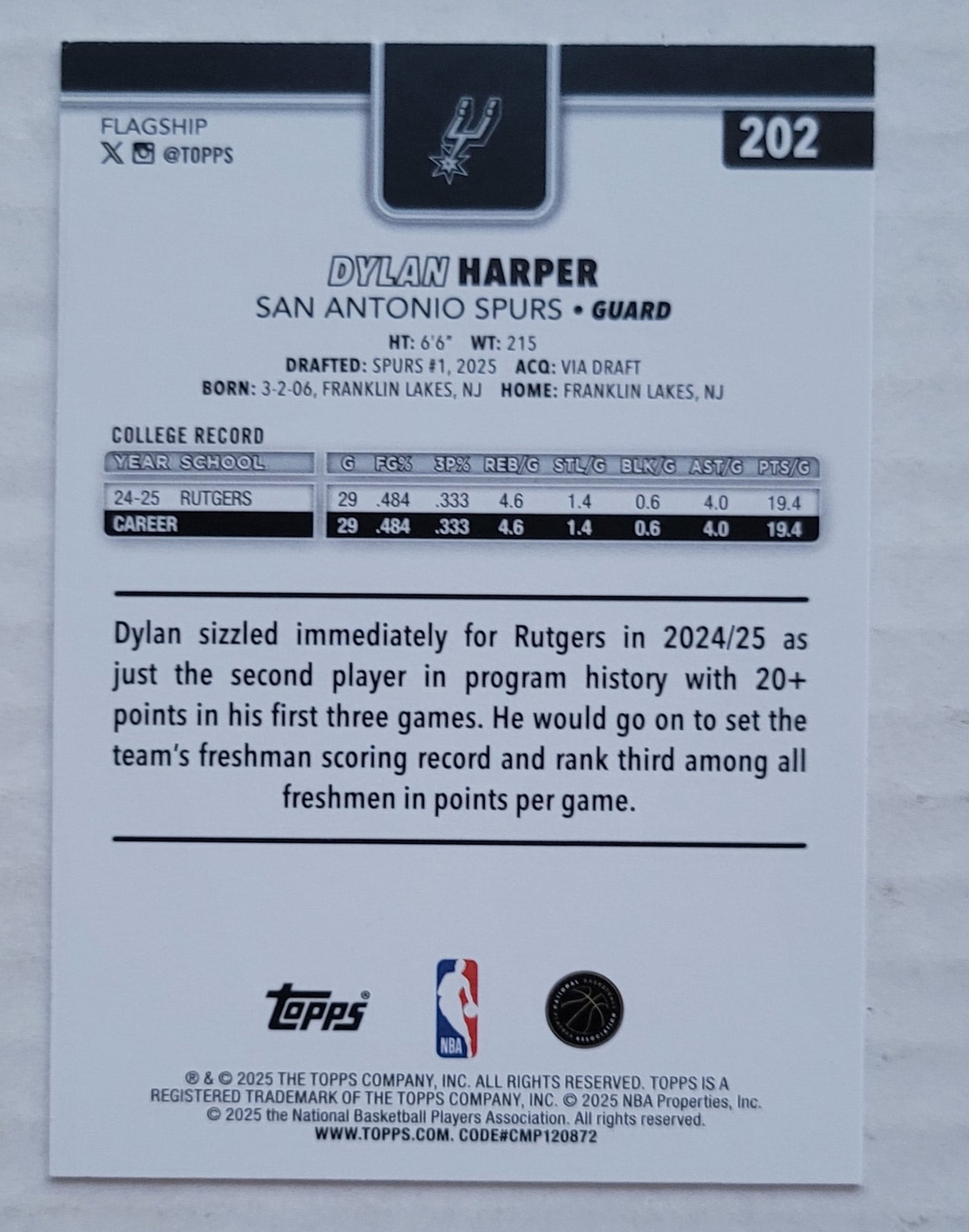 Dylan Harper - 2025-26 Topps #202 RC