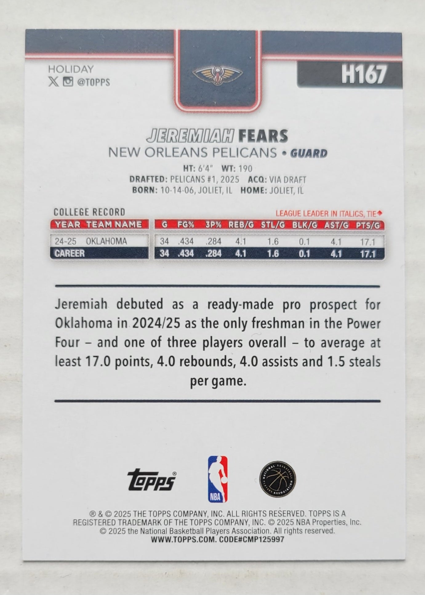 Jeremiah Fears - 2025-26 Topps Holiday #H167 RC