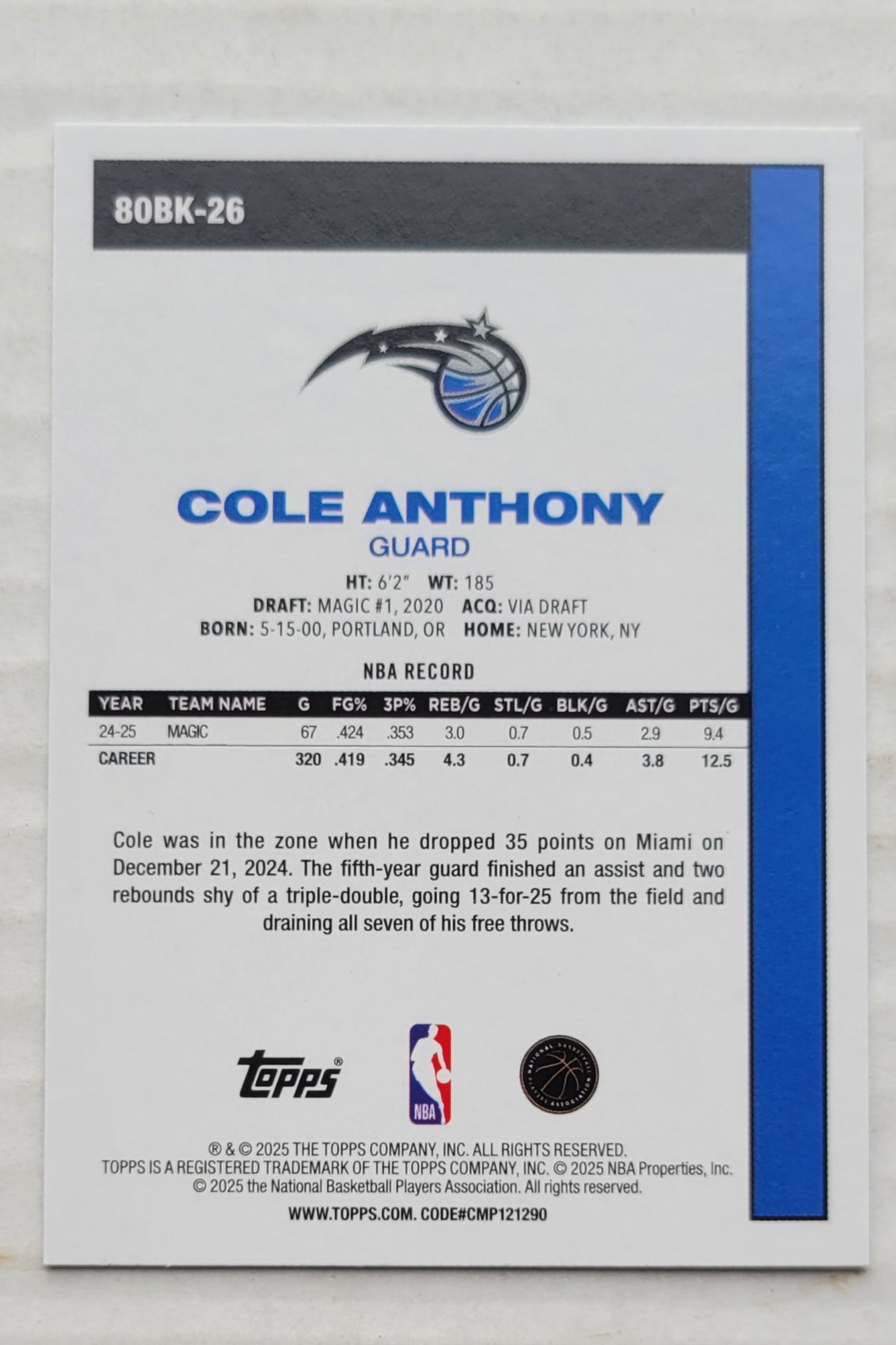Cole Anthony - 2025-26 Topps '80-81 Topps #80BK26