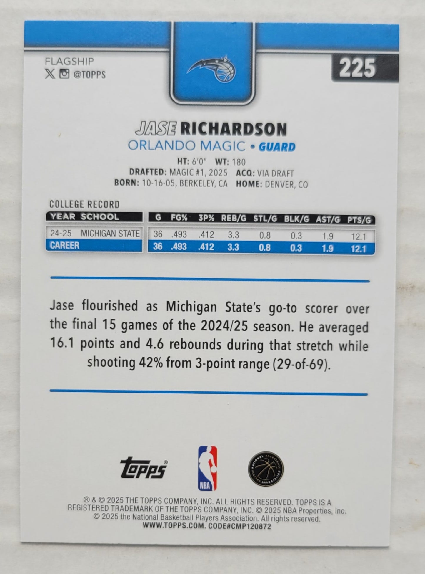 Jase Richardson - 2025-26 Topps Holo Foil #225 RC