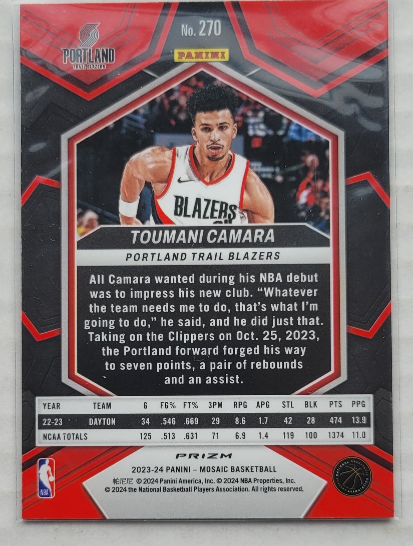 Toumani Camara - 2023-24 Panini Mosaic Mosaic Reactive Blue #270 NBA Debut RC