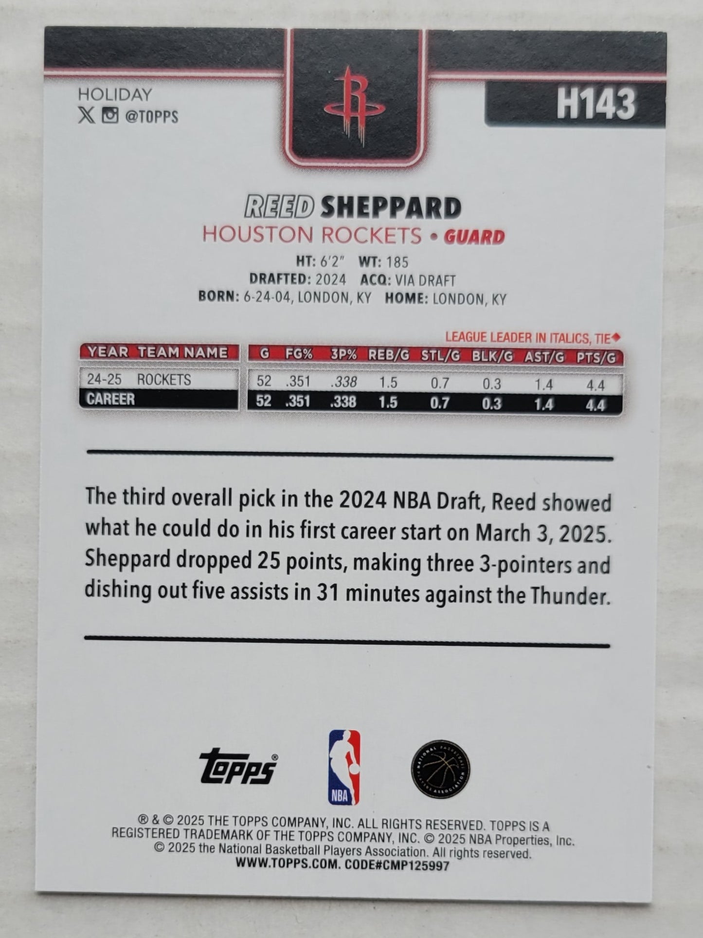 Reed Sheppard - 2025-26 Topps Holiday #H143