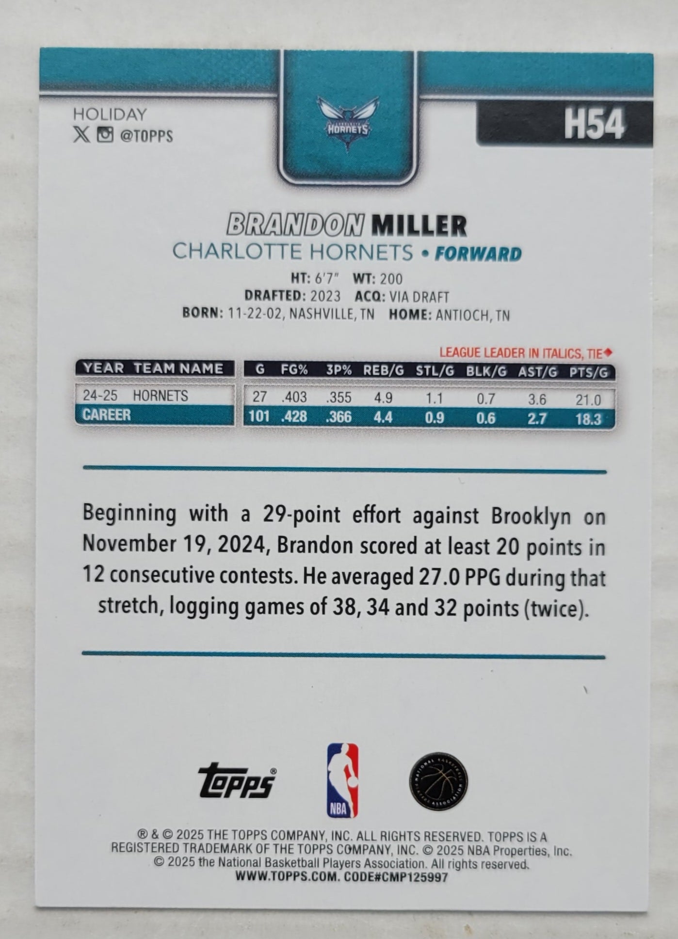 Brandon Miller - 2025-26 Topps Holiday #H54
