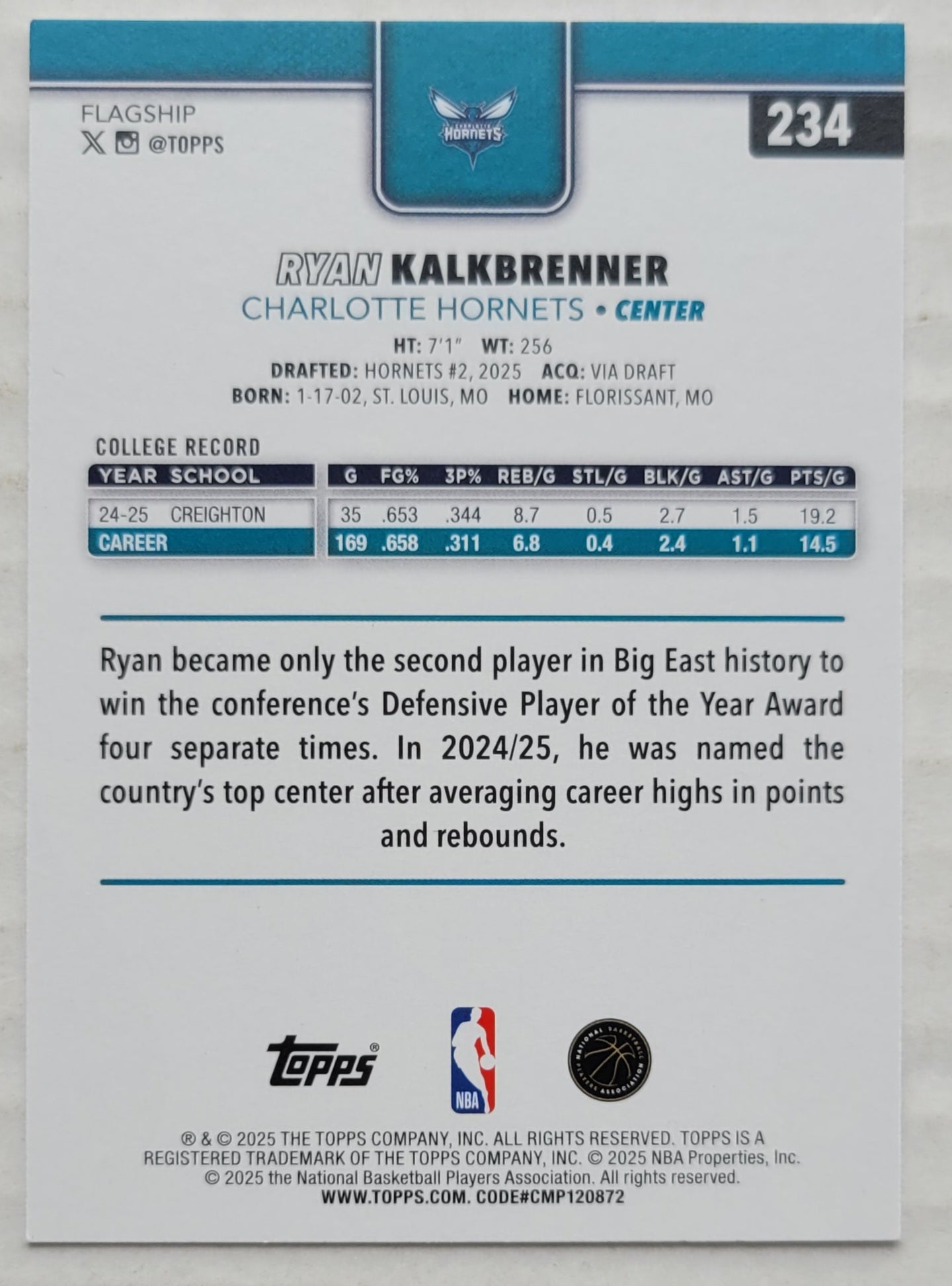 Ryan Kalkbrenner - 2025-26 Topps #234 RC