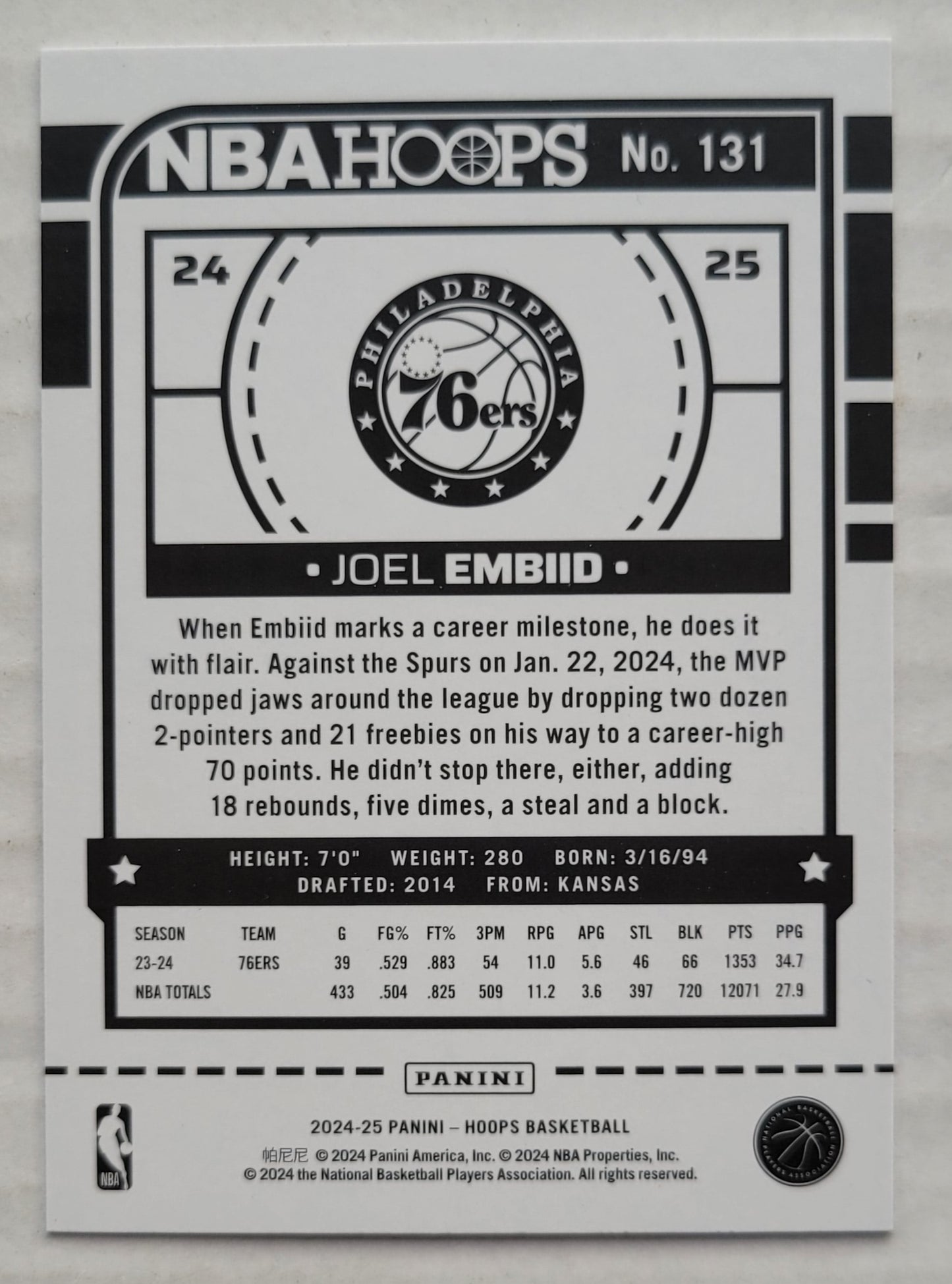 Joel Embiid - 2024-25 Hoops Purple #131