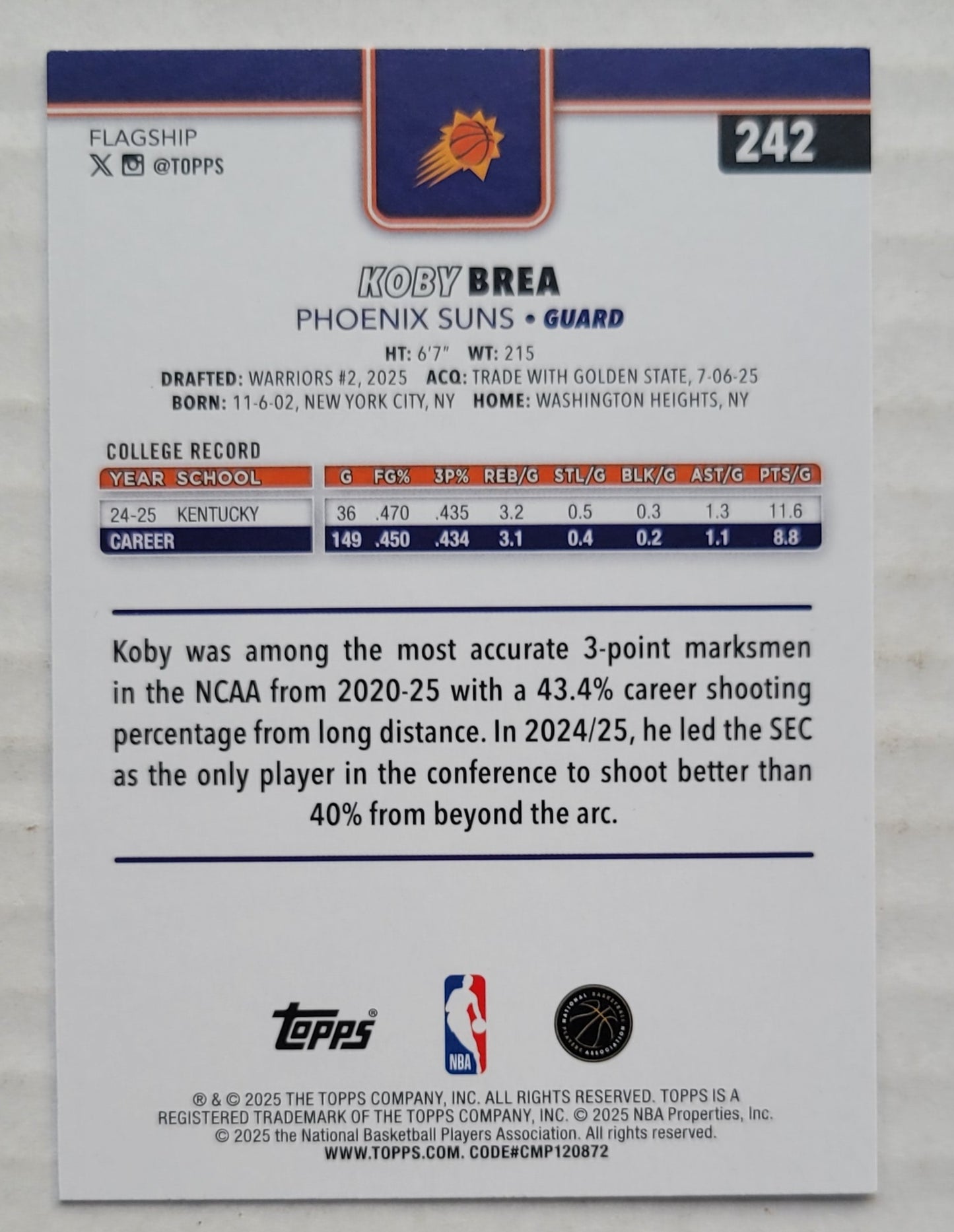 Koby Brea - 2025-26 Topps Season Tip Off #242 RC