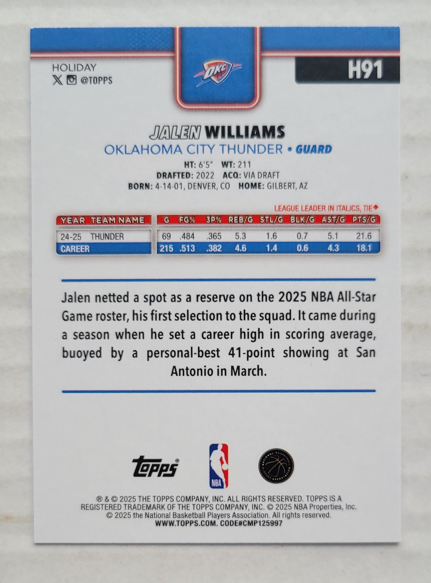 Jalen Williams - 2025-26 Topps Holiday #H91