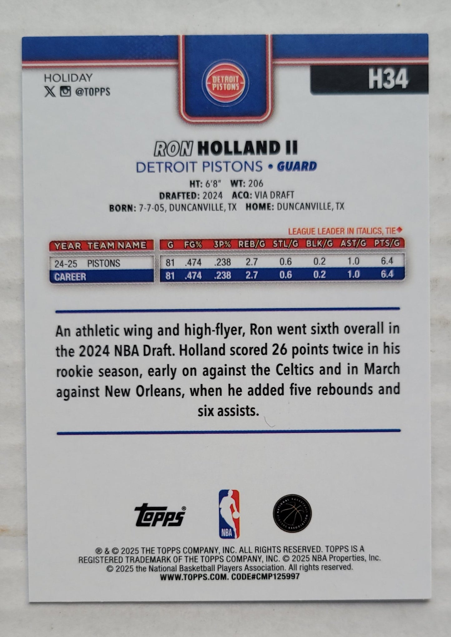 Ron Holland II - 2025-26 Topps Holiday Plaid #H34