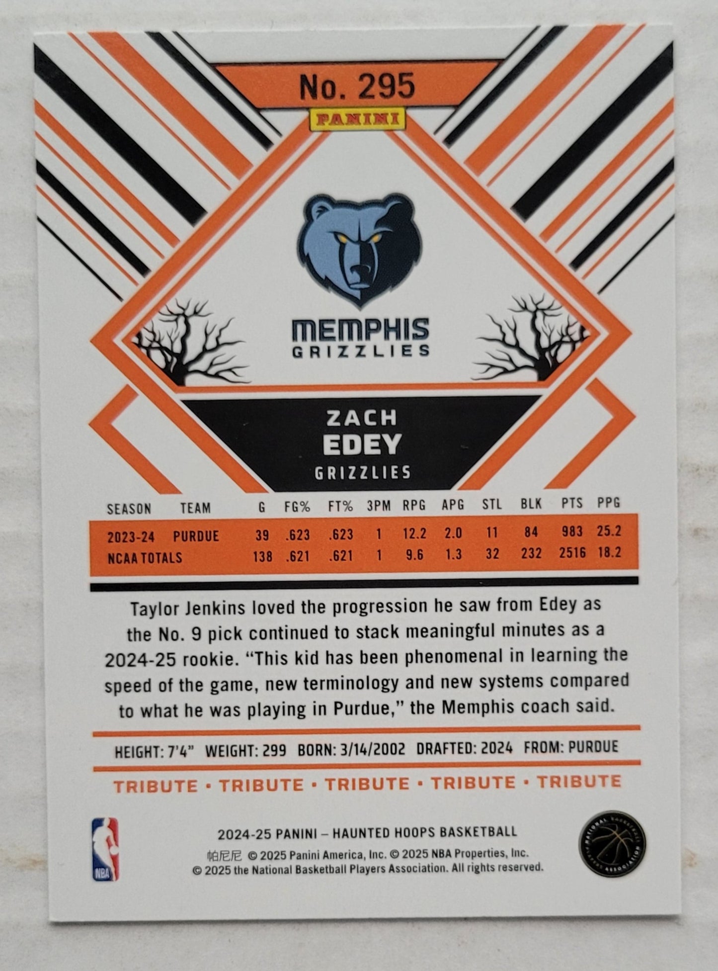 Zach Edey - 2024-25 Hoops Haunted Hoops #295 RC