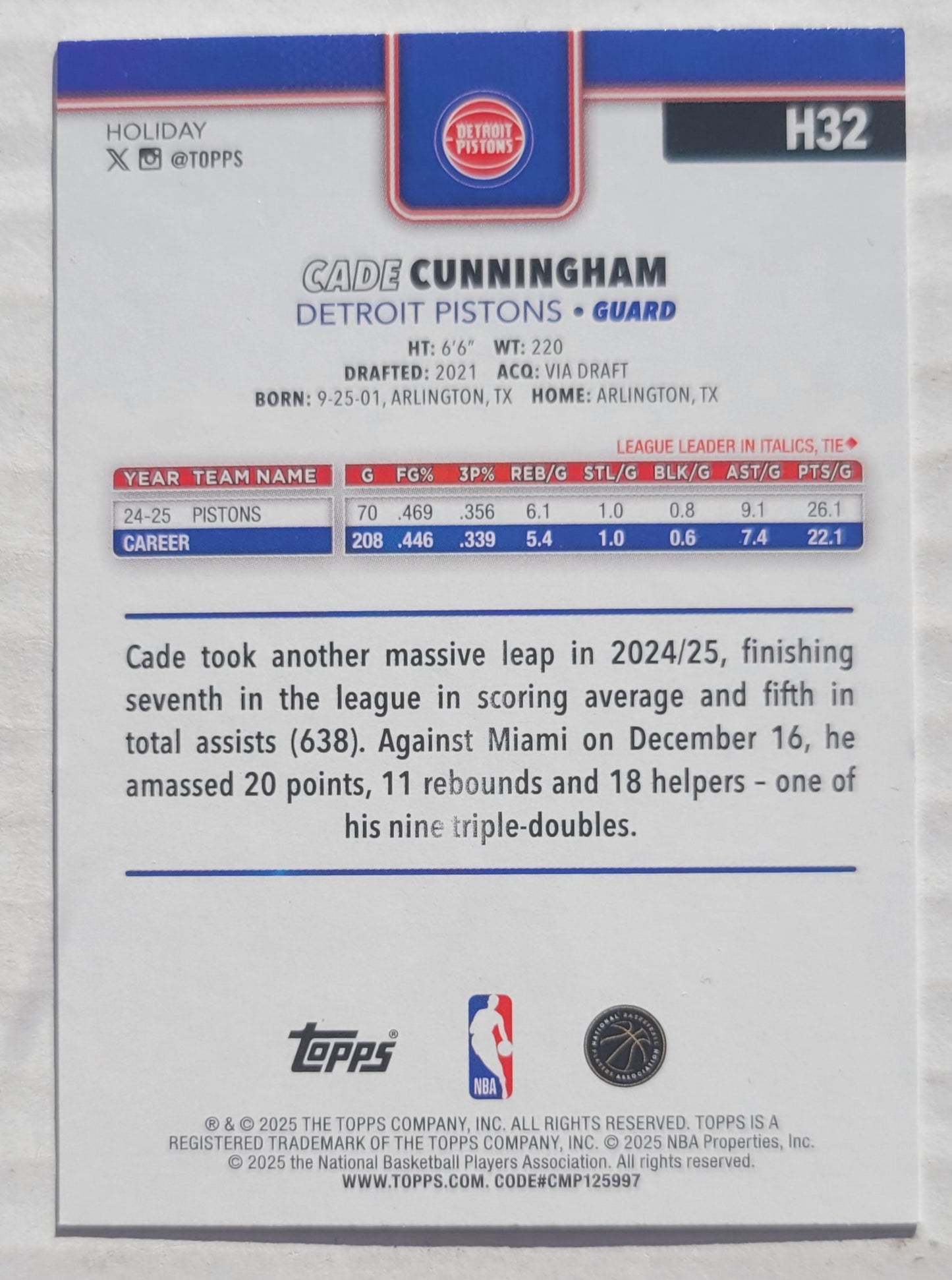 Cade Cunningham - 2025-26 Topps Holiday #H32