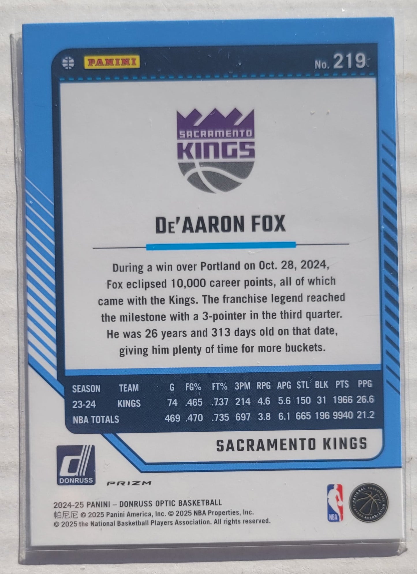 De'Aaron Fox - 2024-25 Donruss Optic Holo #219