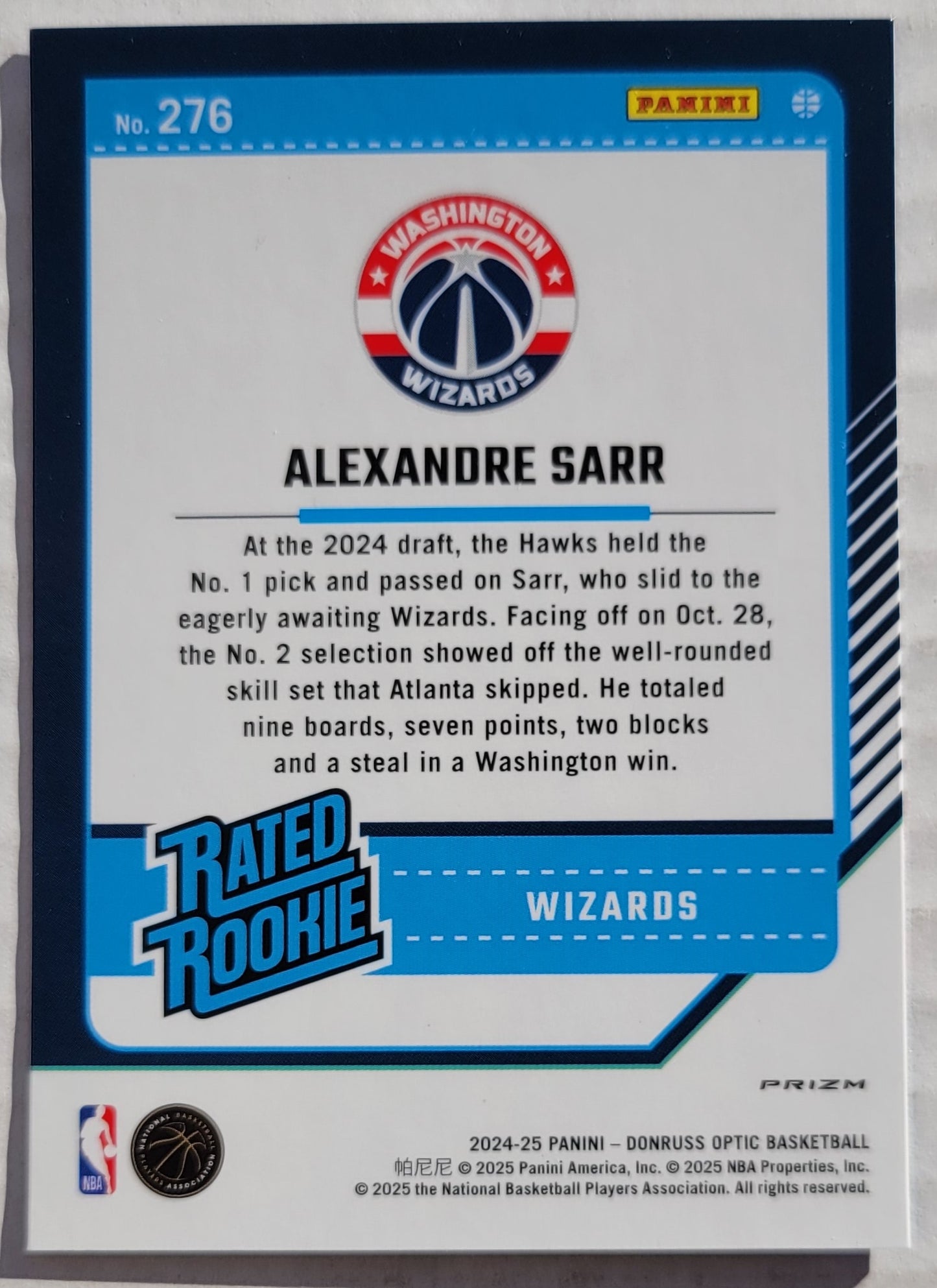 Alexandre Sarr - 2024-25 Donruss Optic Blue Velocity #276 RR RC