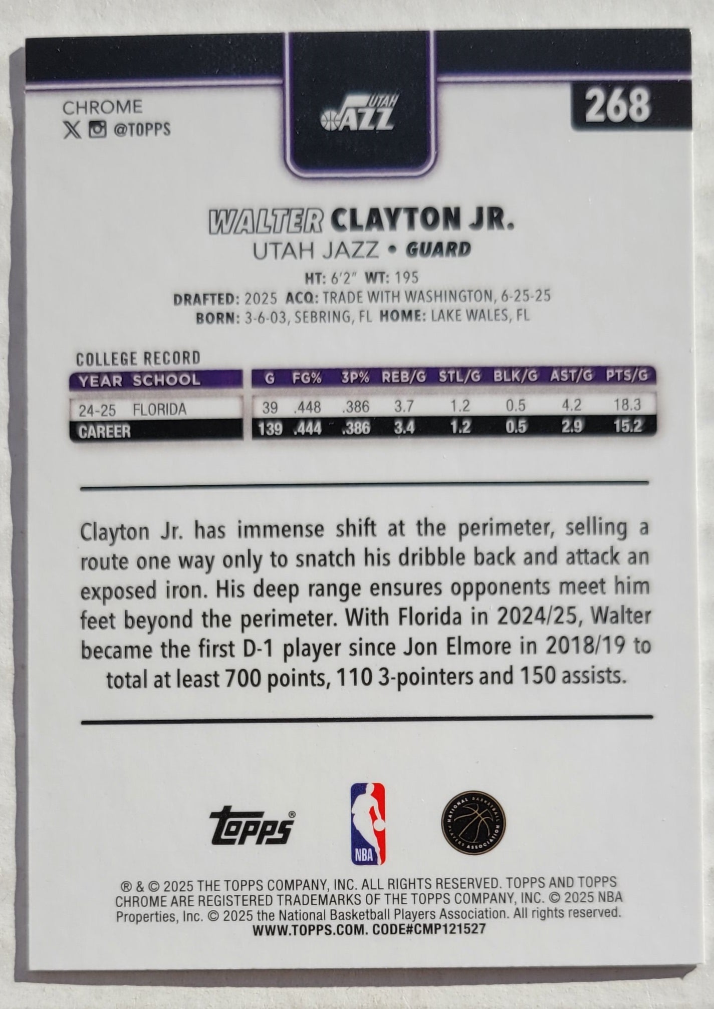 Walter Clayton Jr. - 2025-26 Topps Chrome #268 RC