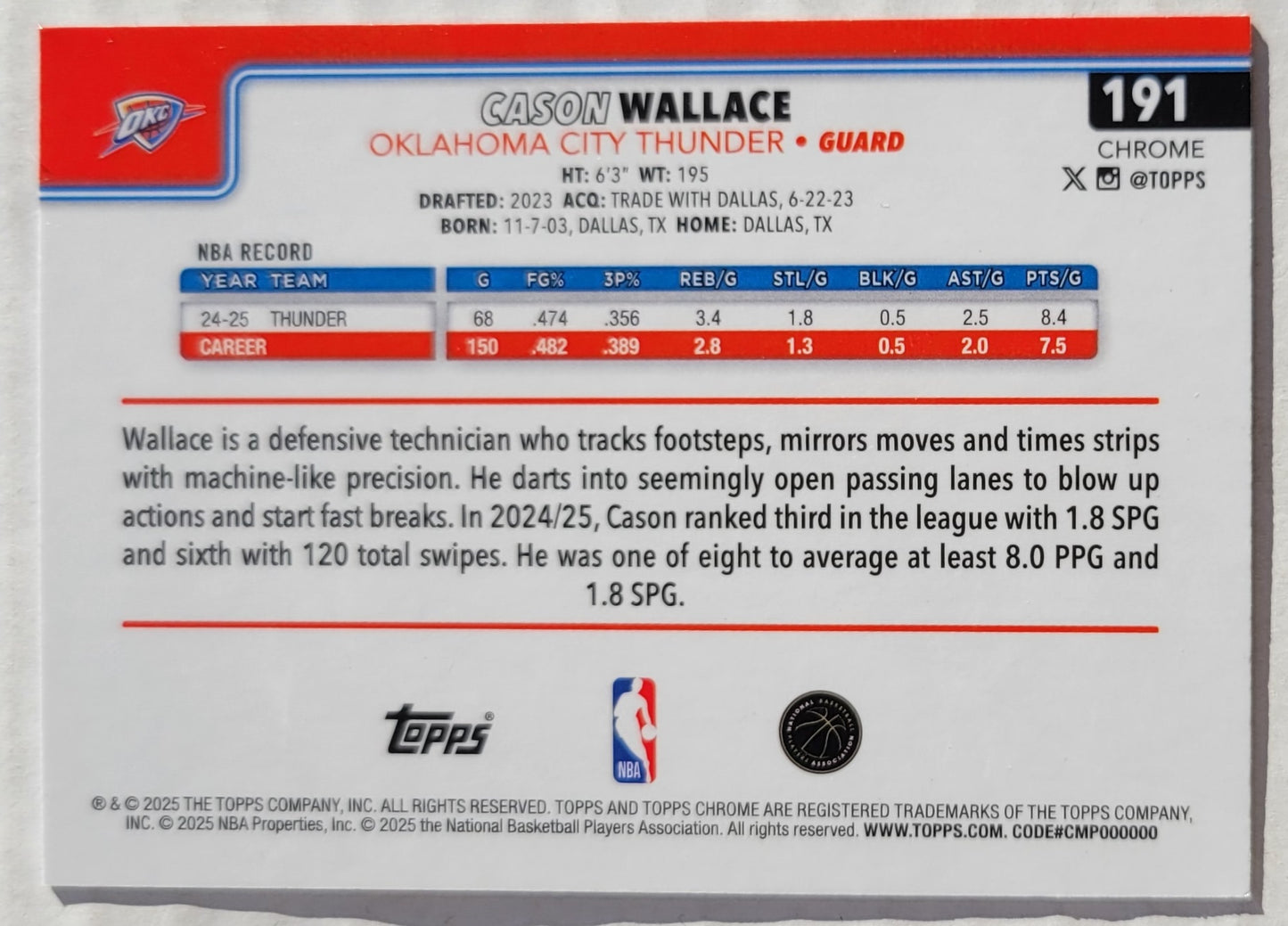 Cason Wallace - 2025-26 Topps Chrome Basketball Refractors #191