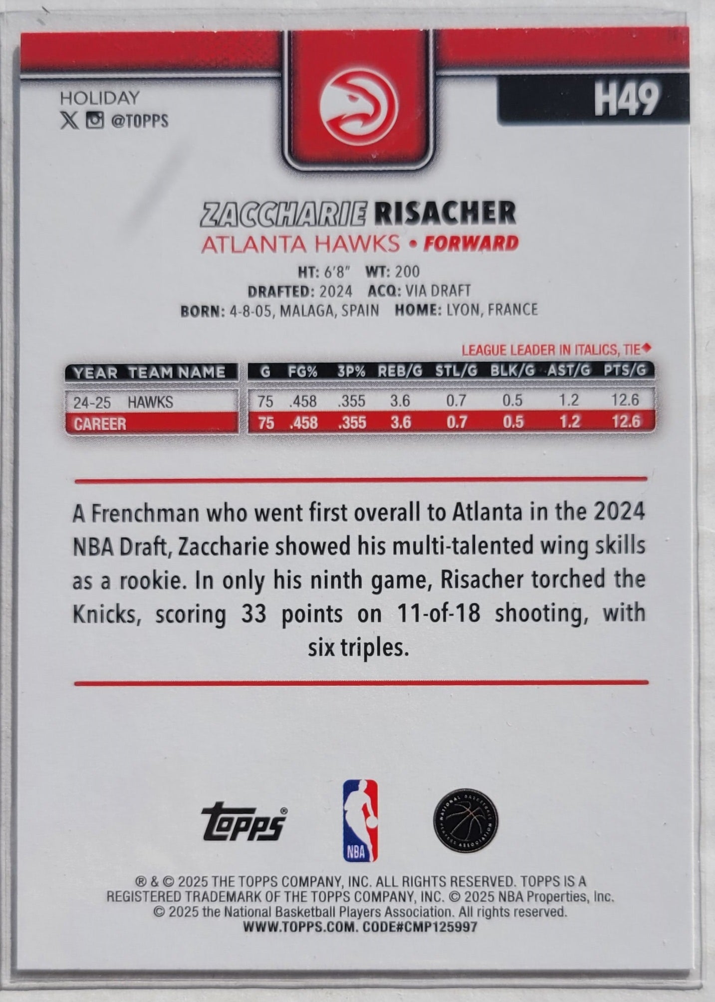 Zaccharie Risacher - 2025-26 Topps Holiday Glitter Holiday #H49