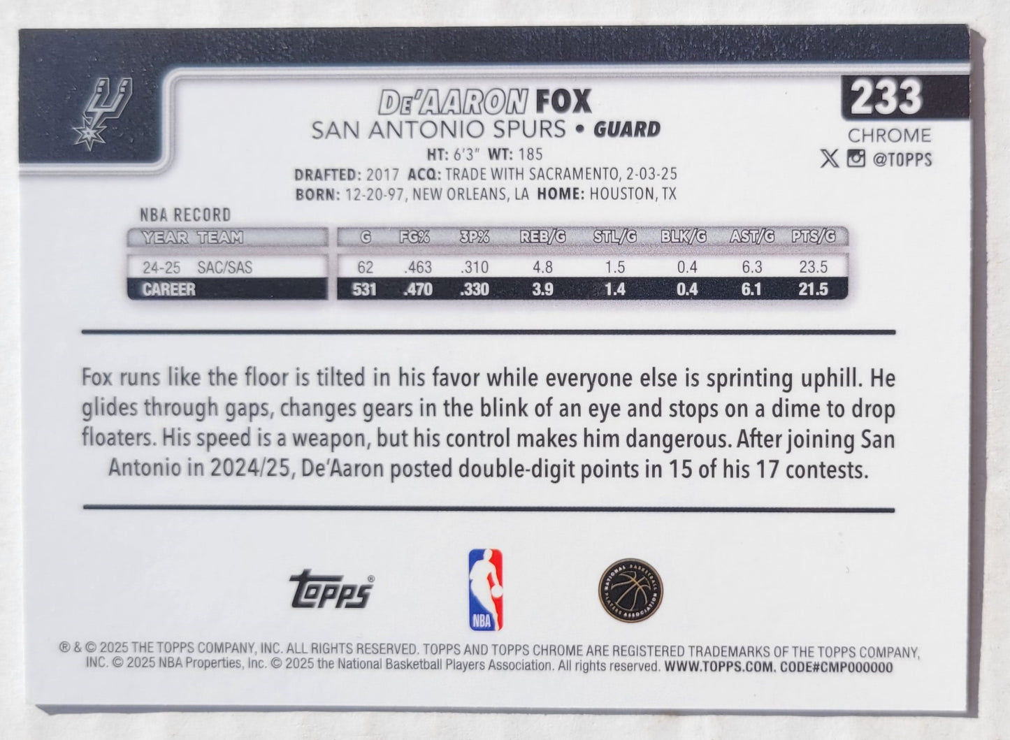 De'Aaron Fox - 2025-26 Topps Chrome RayWave Refractors #233