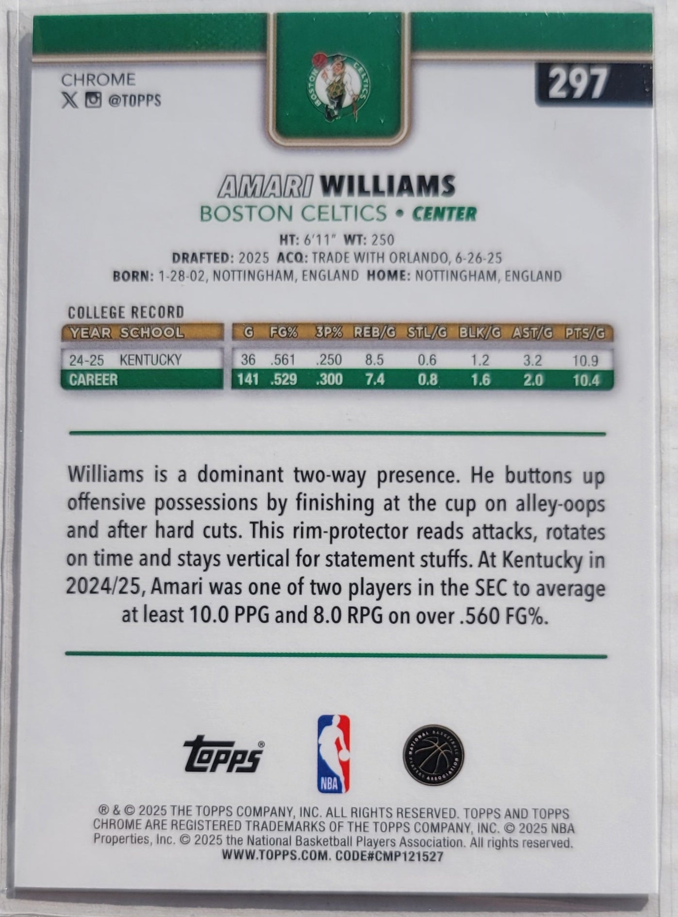 Amari Williams - 2025-26 Topps Chrome #297 RC