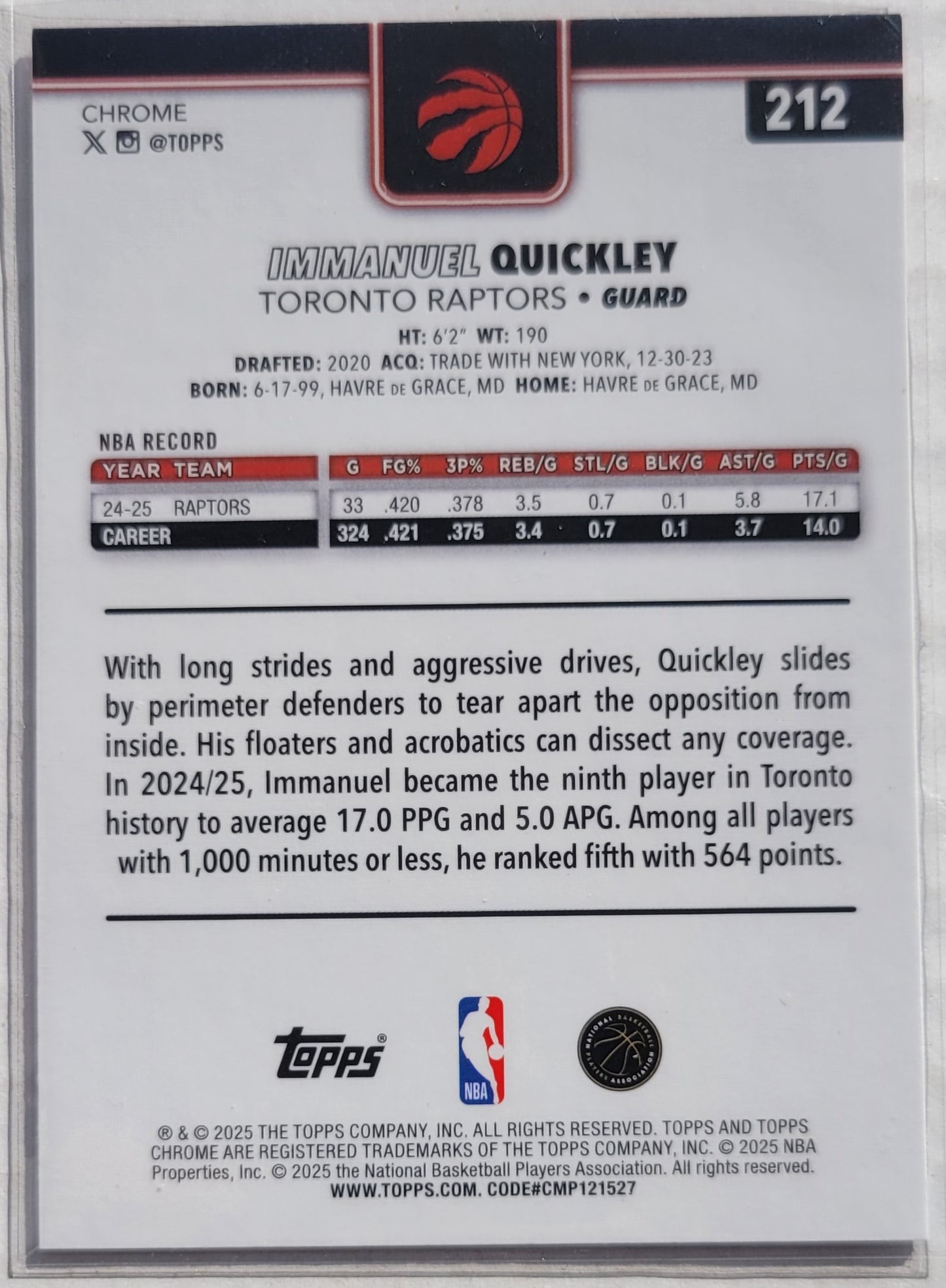 Immanuel Quickley - 2025-26 Topps Chrome Red White and Blue Refractors #212