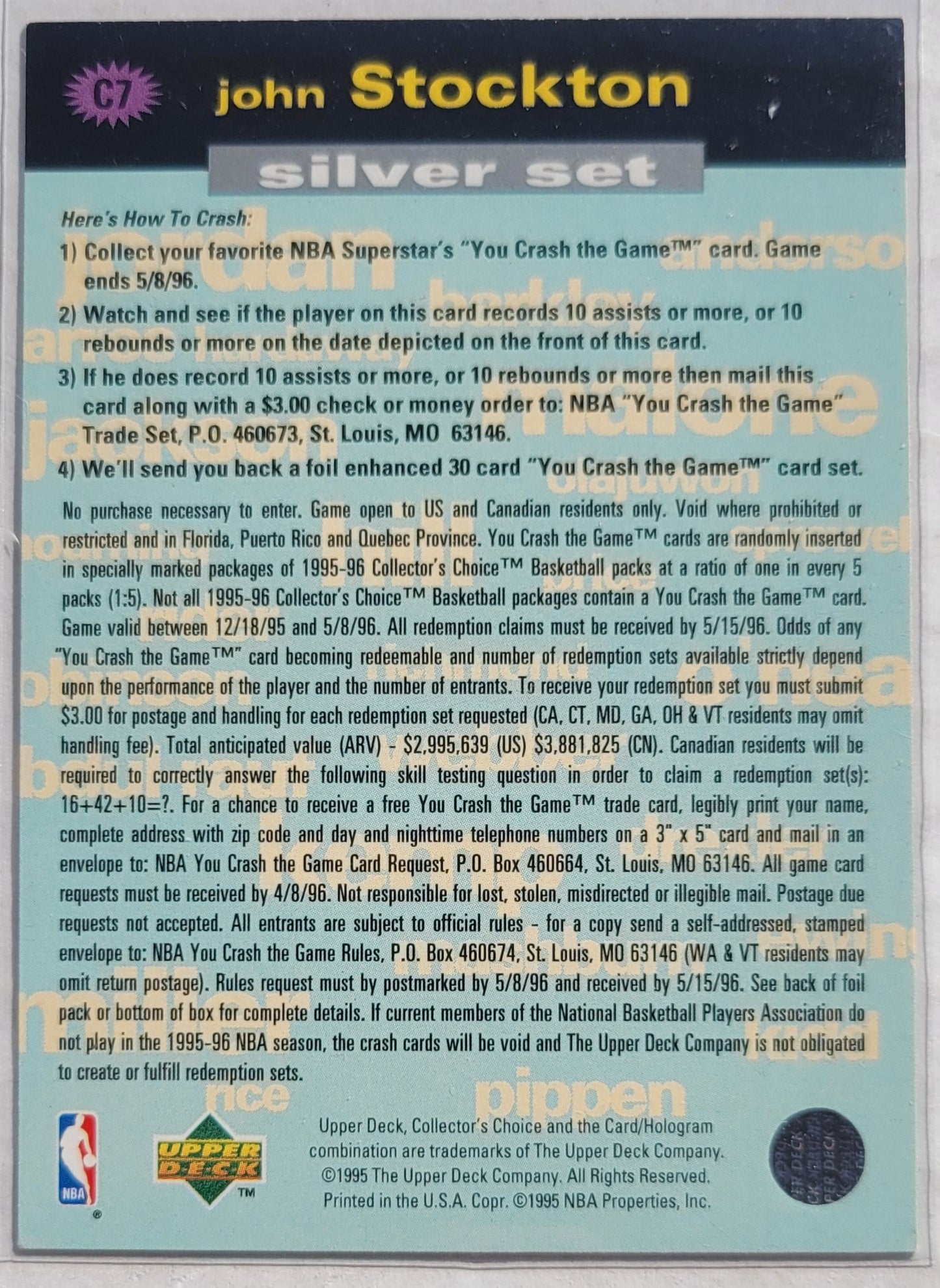 John Stockton - 1995-96 Collector's Choice Crash the Game Assists/Rebounds #C7B 3/6 W