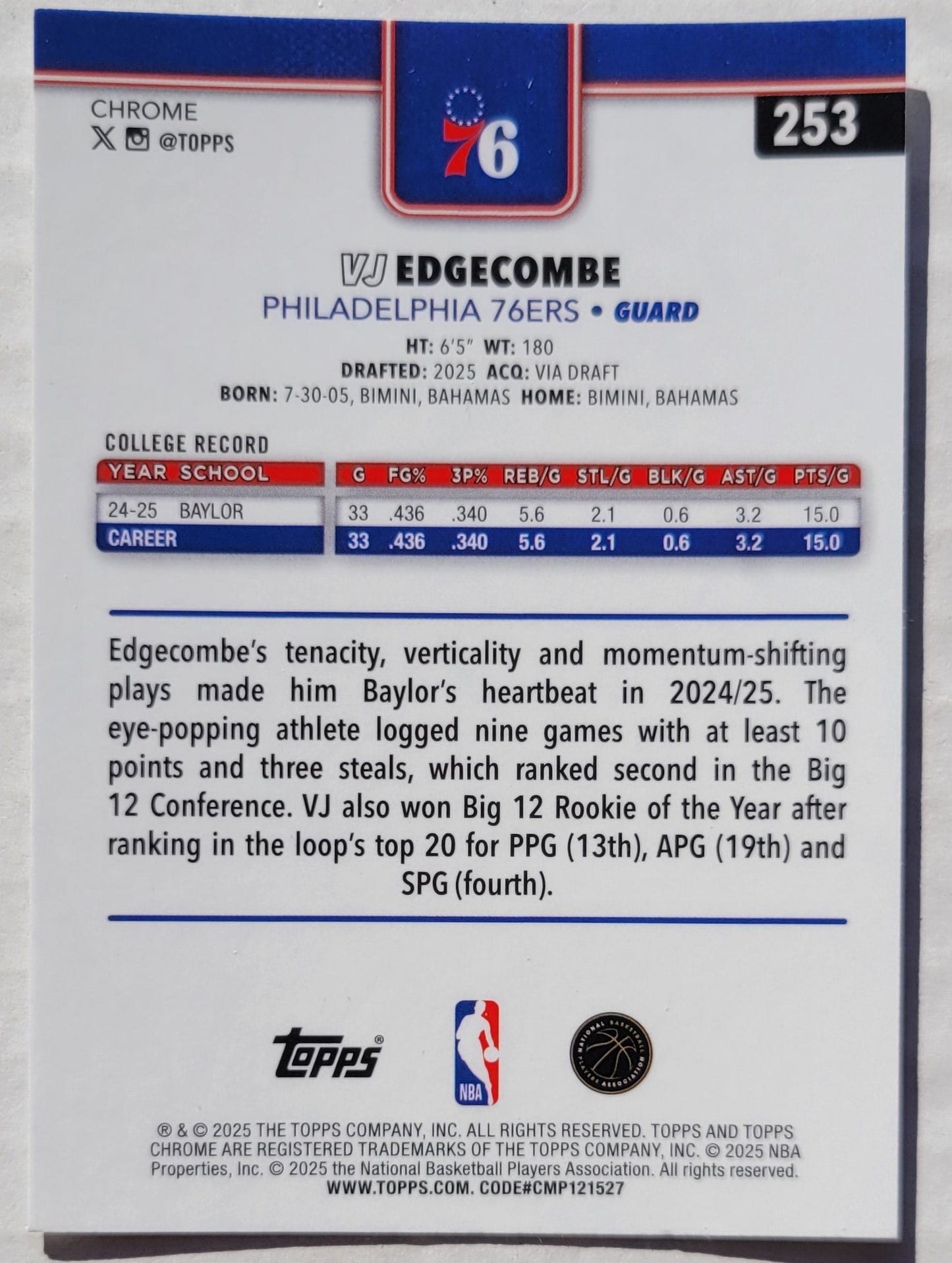 VJ Edgecombe - 2025-26 Topps Chrome #253 RC