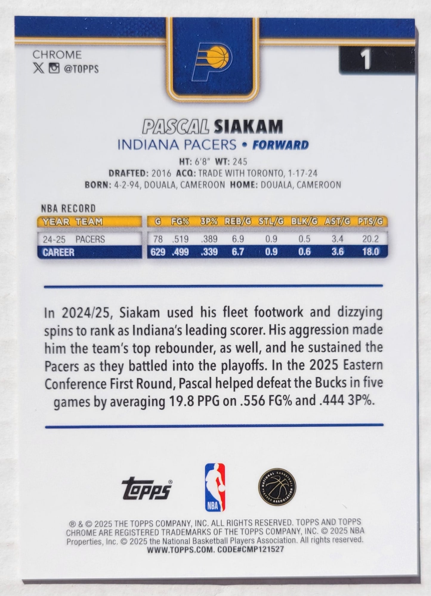 Pascal Siakam - 2025-26 Topps Chrome Orange Refractors #1 - 08/25