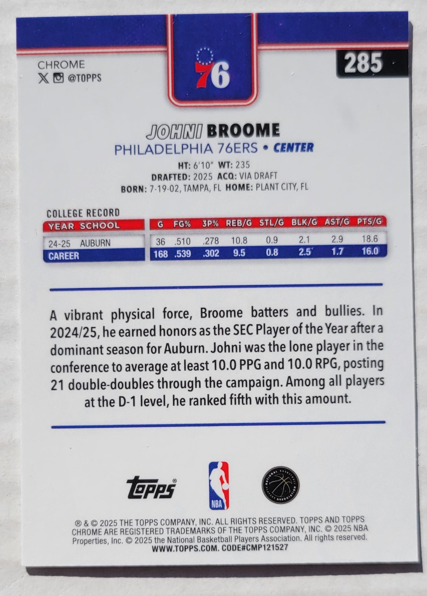 Johni Broome - 2025-26 Topps Chrome #285 RC