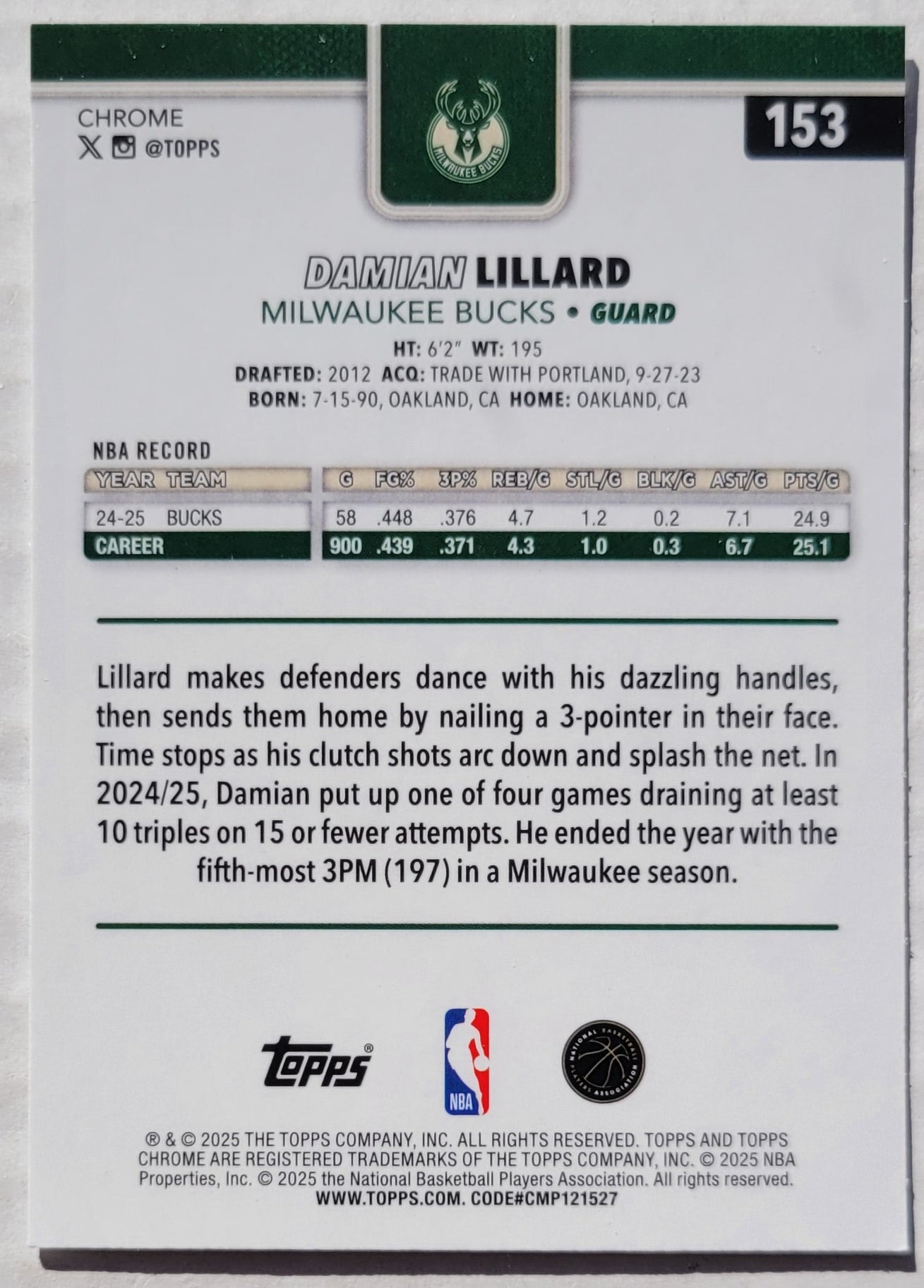 Damian Lillard - 2025-26 Topps Chrome #153