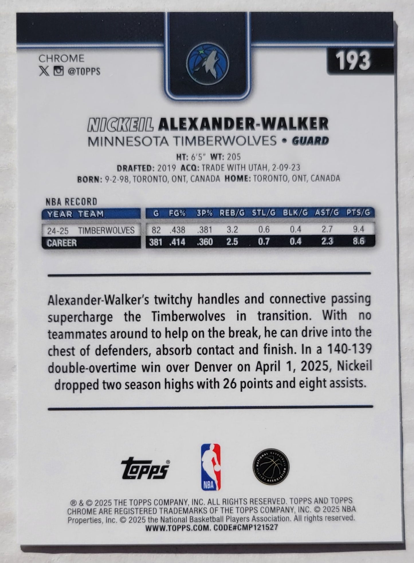 Nickeil Alexander-Walker - 2025-26 Topps Chrome #193