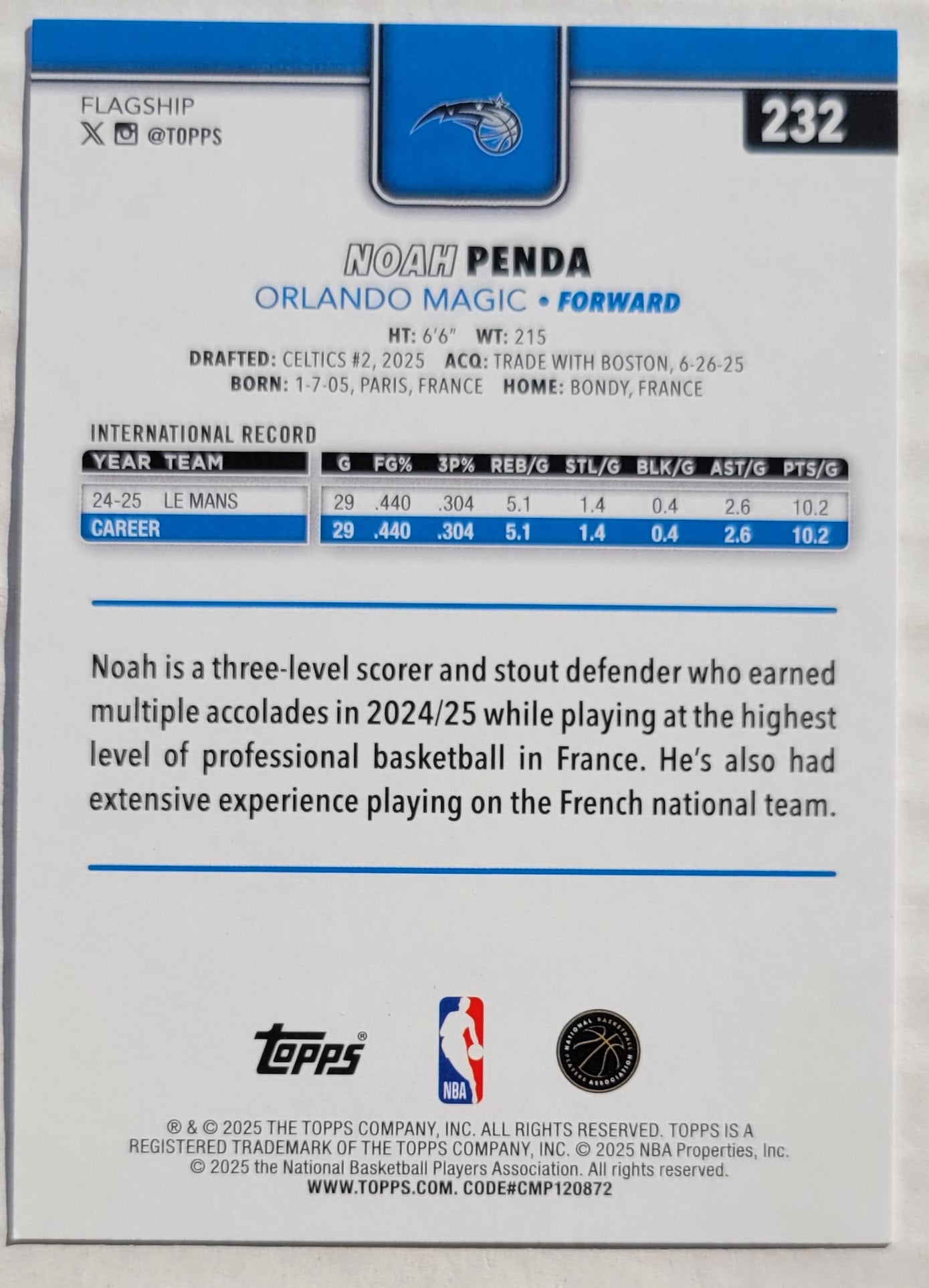 Noah Penda - 2025-26 Topps #232 RC