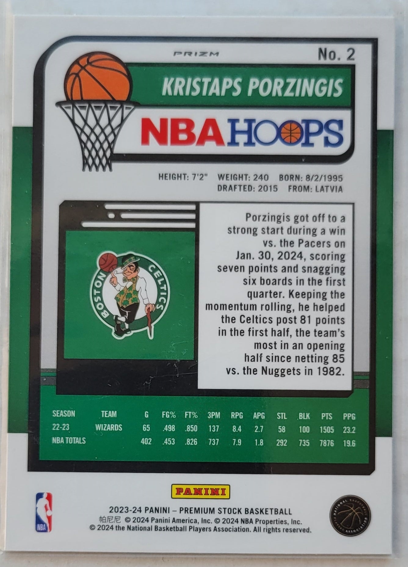 Kristaps Porzingis - 2023-24 Hoops Premium Stock Silver Prizm #2