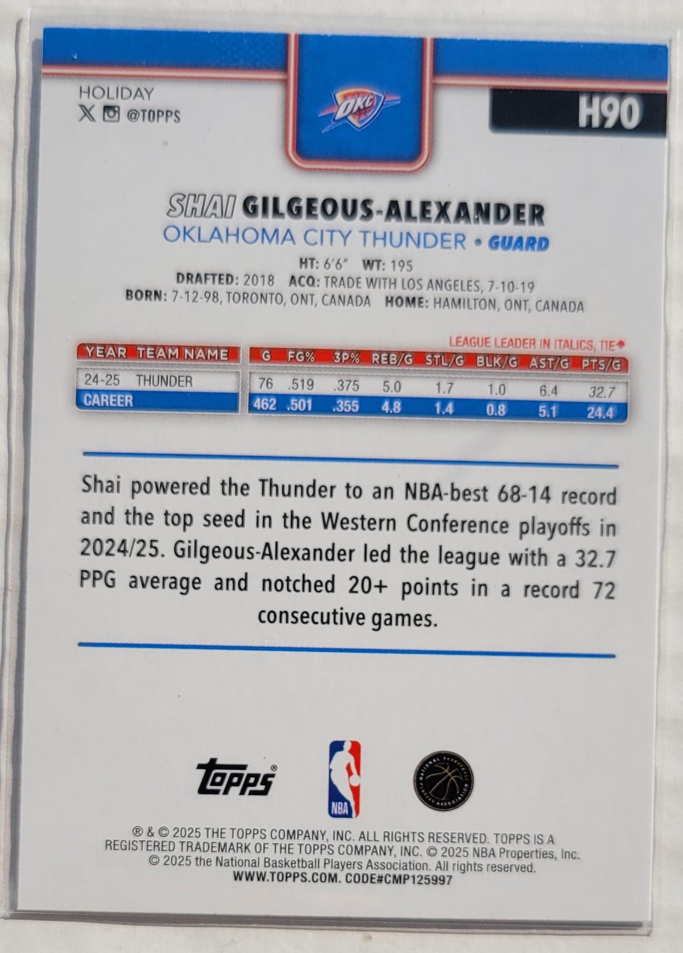 Shai Gilgeous-Alexander - 2025-26 Topps Holiday #H90