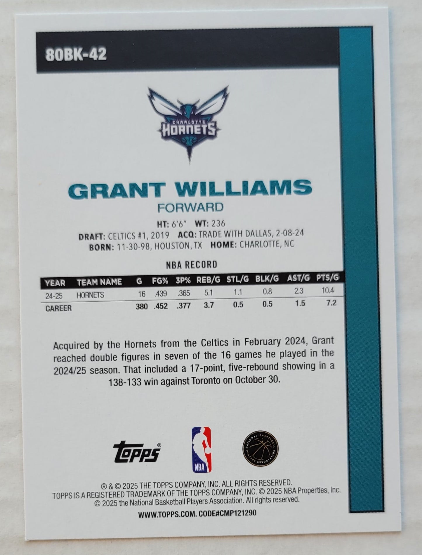 Grant Williams - 2025-26 Topps '80-81 Topps #80BK42