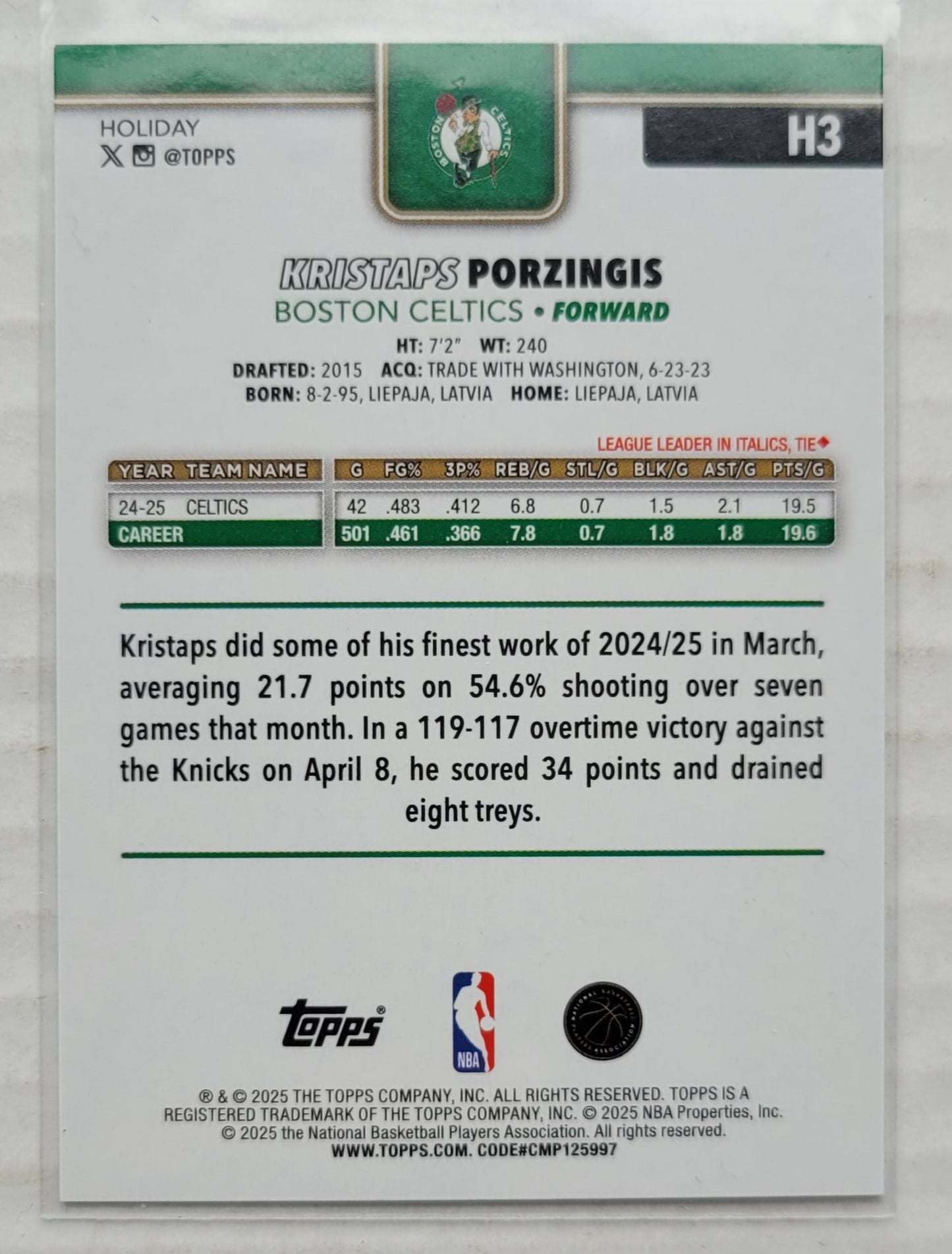 Kristaps Porzingis - 2025-26 Topps Holiday Plaid #H3