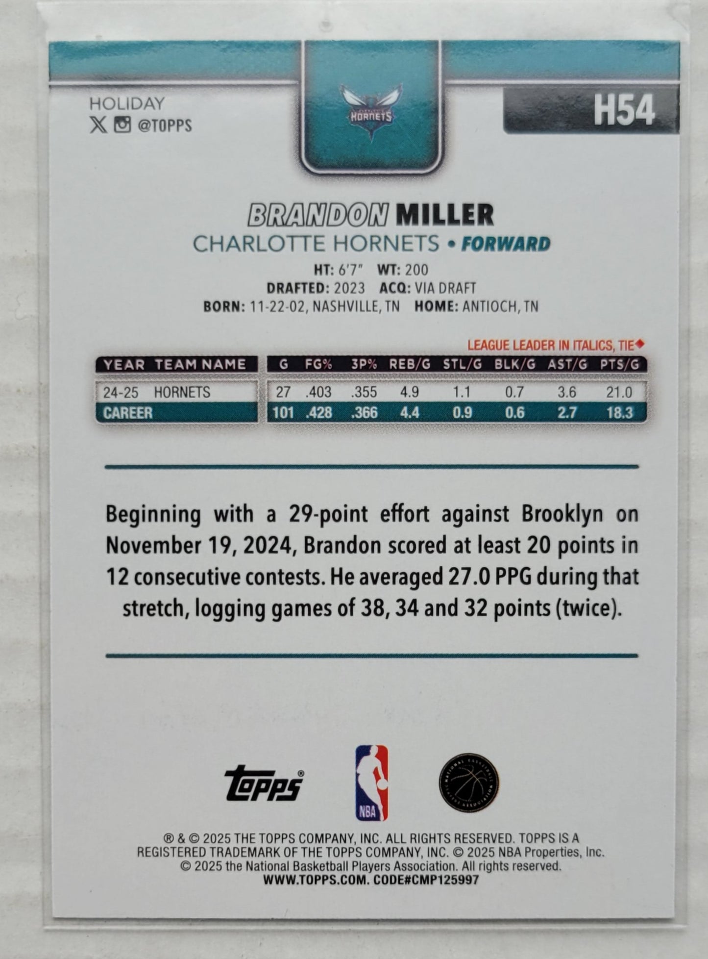 Brandon Miller - 2025-26 Topps Holiday Glitter Holiday #H54