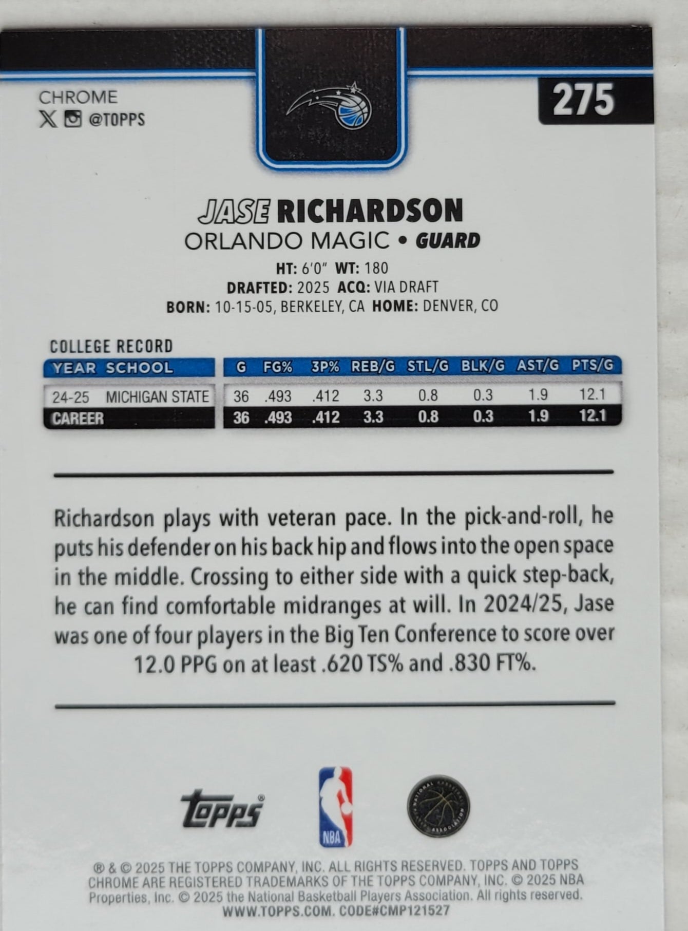 Jase Richardson - 2025-26 Topps Chrome Red White and Blue Refractors #275 RC